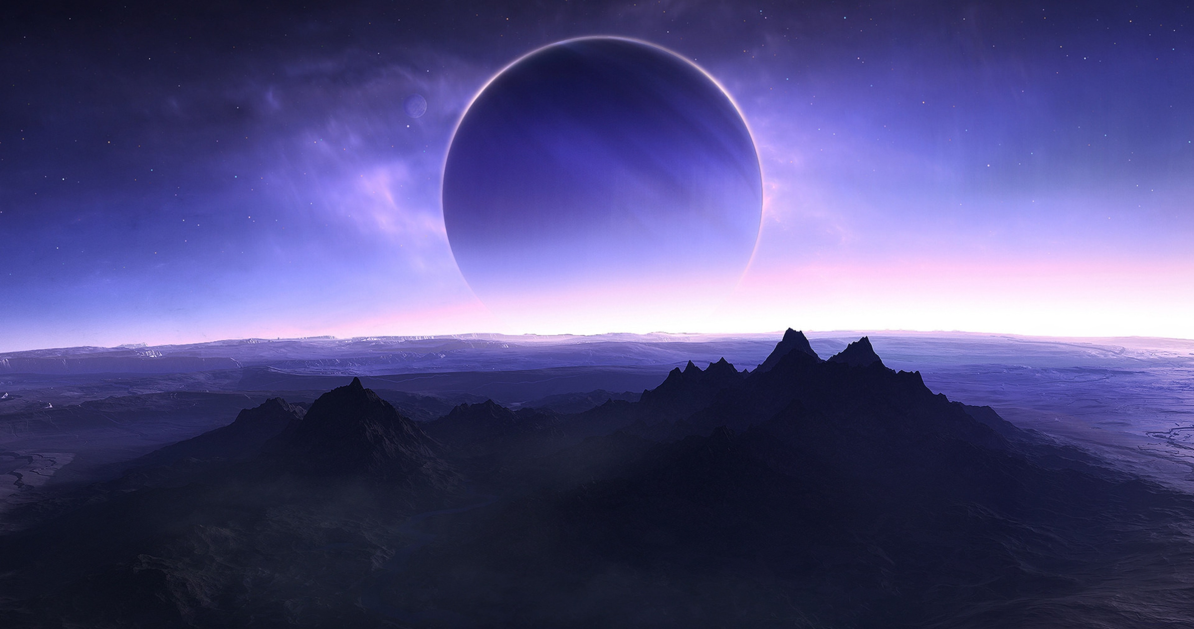 Alien planet landscape with large planet in sky 4K HD Wallpaper