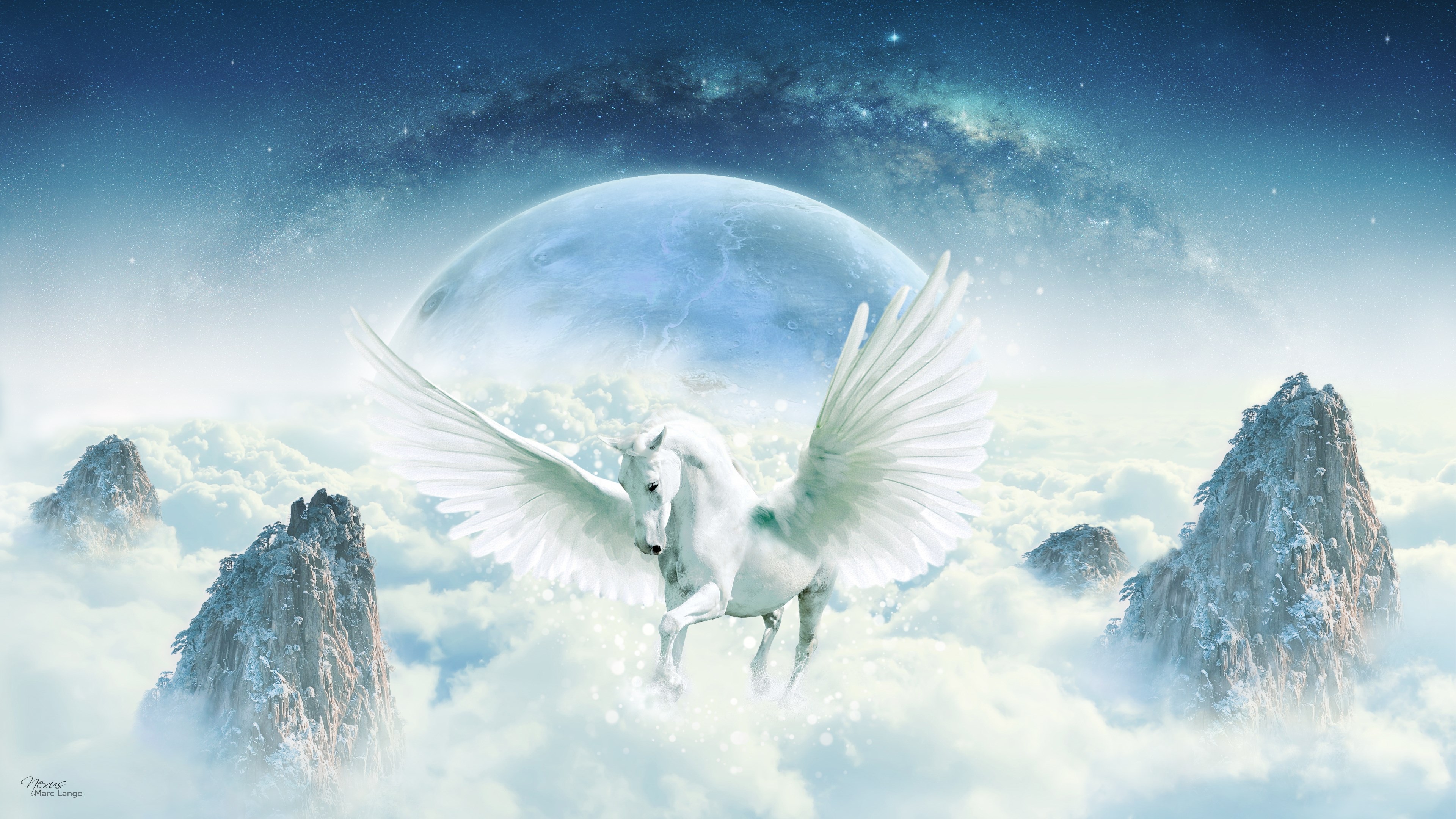 Pegasus in the Clouds with Moon and Stars 4K HD Wallpaper