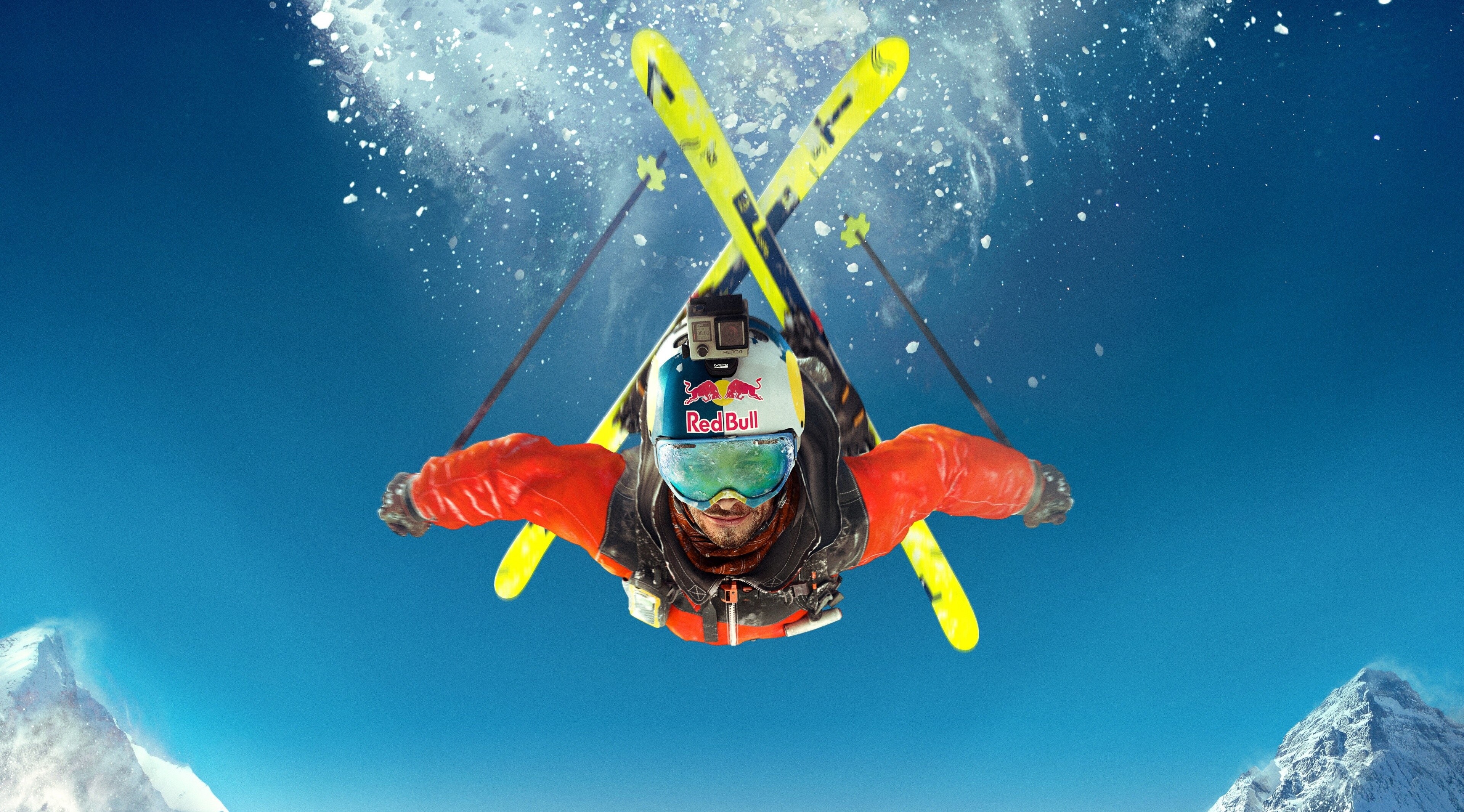 Skier in mid-air with Red Bull helmet HD Wallpaper