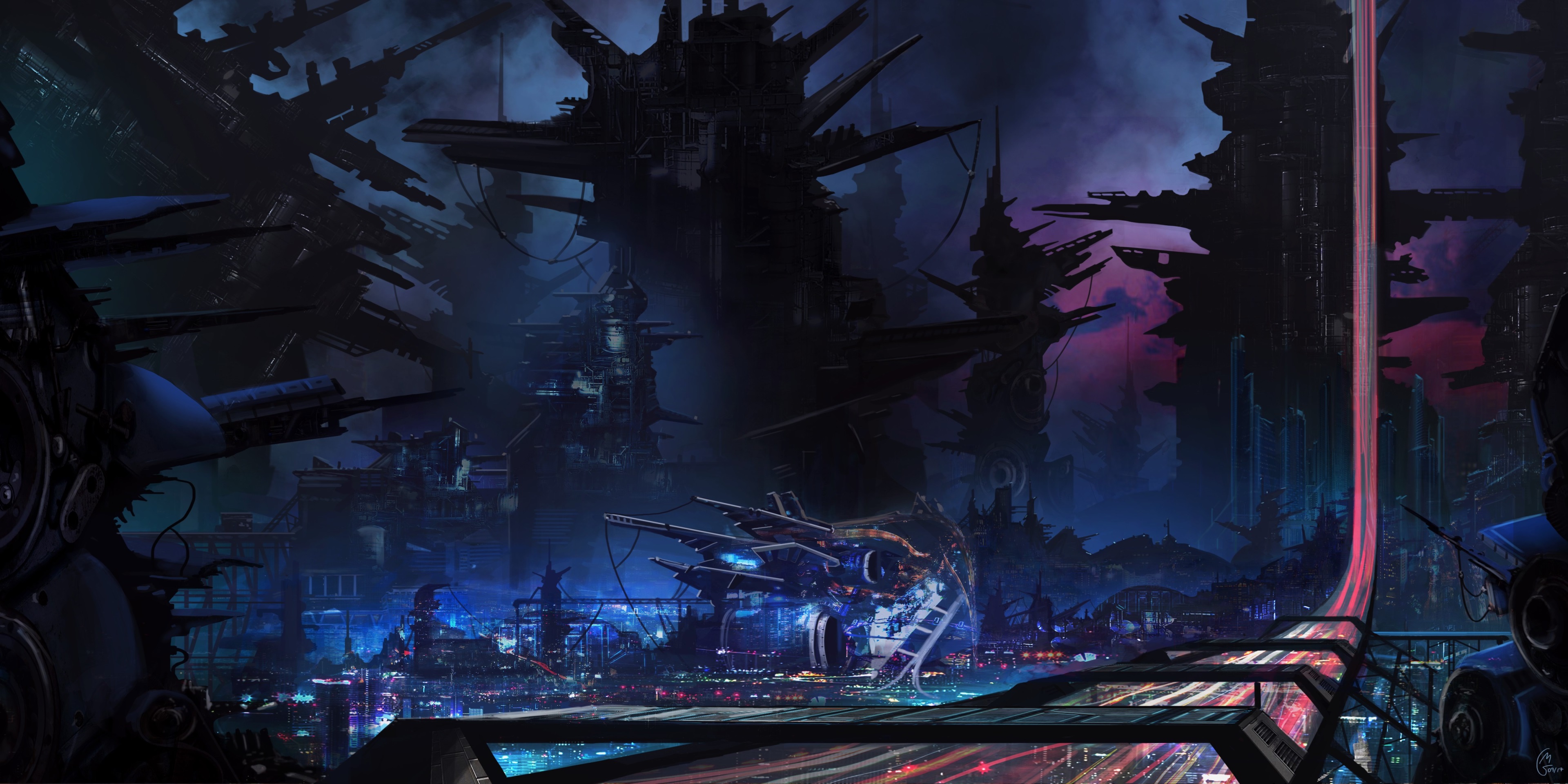 Futuristic Cityscape with Flying Vehicles HD Wallpaper
