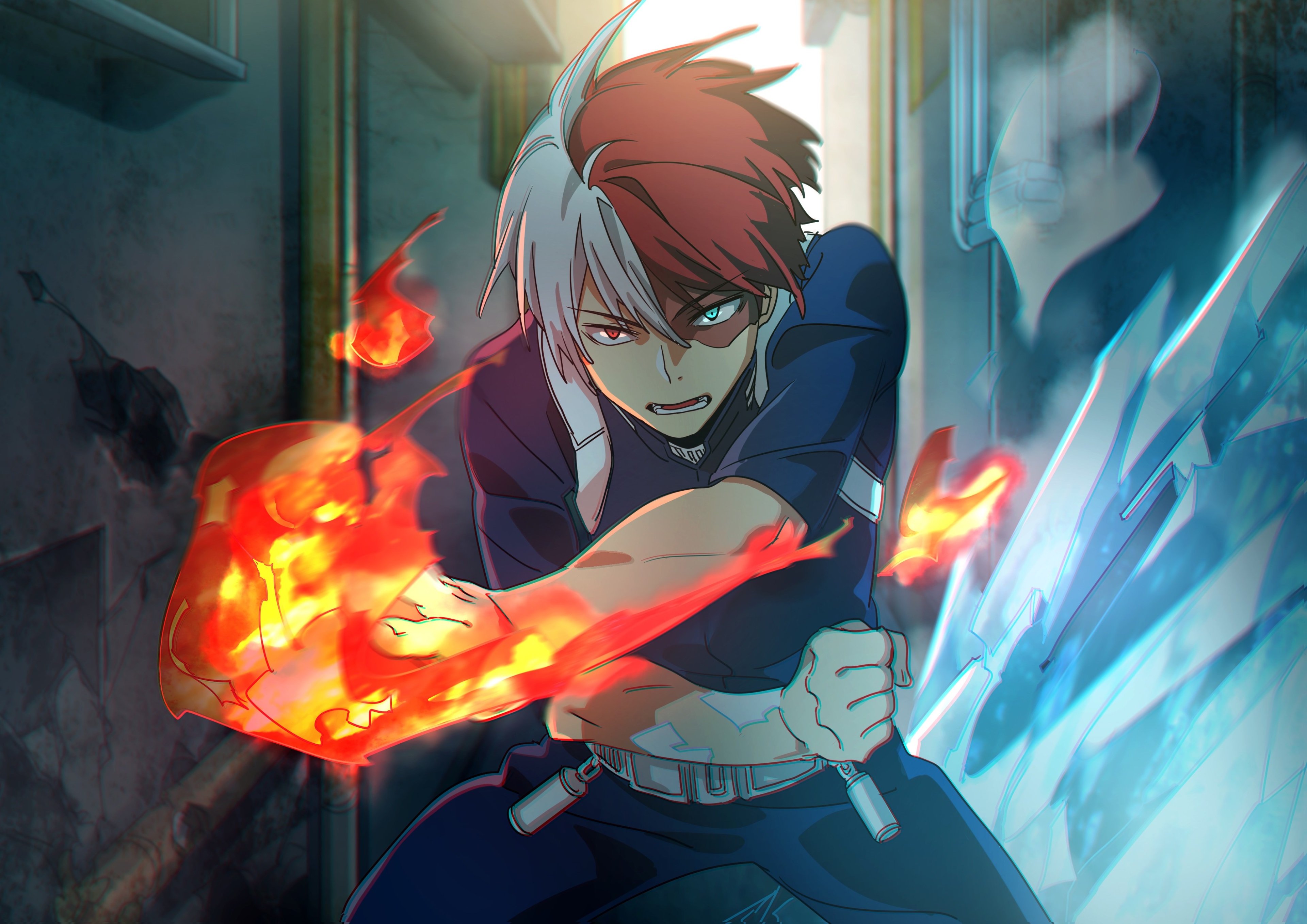 Shoto Todoroki from My Hero Academia using fire and ice HD Wallpaper