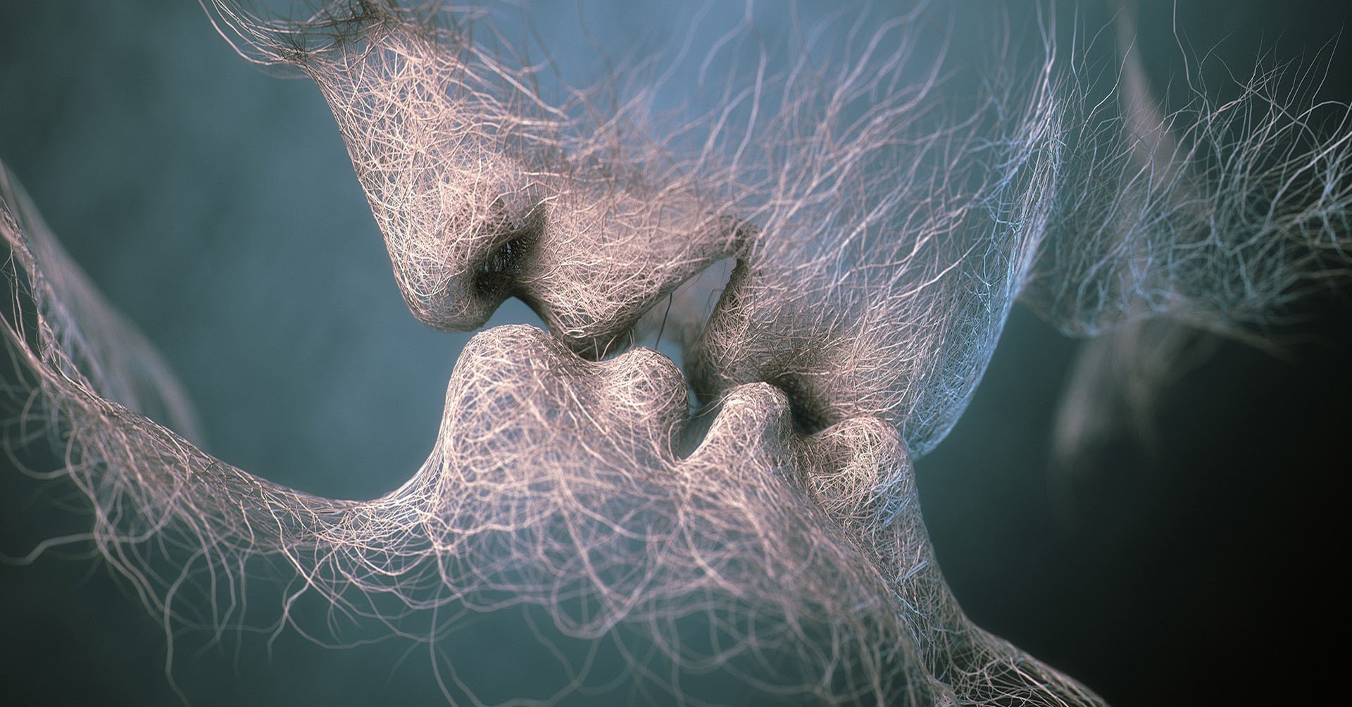 Abstract artwork of two faces kissing made of wires HD Wallpaper