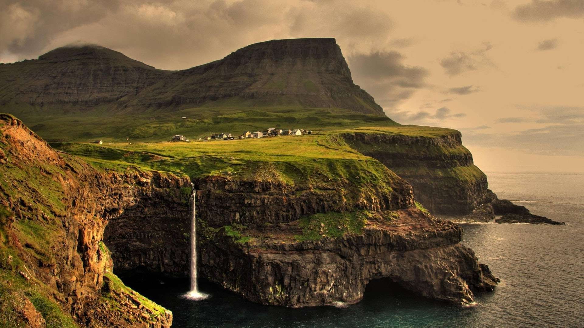 Waterfall and Cliffs in Gasadalur, Faroe Islands HD Wallpaper