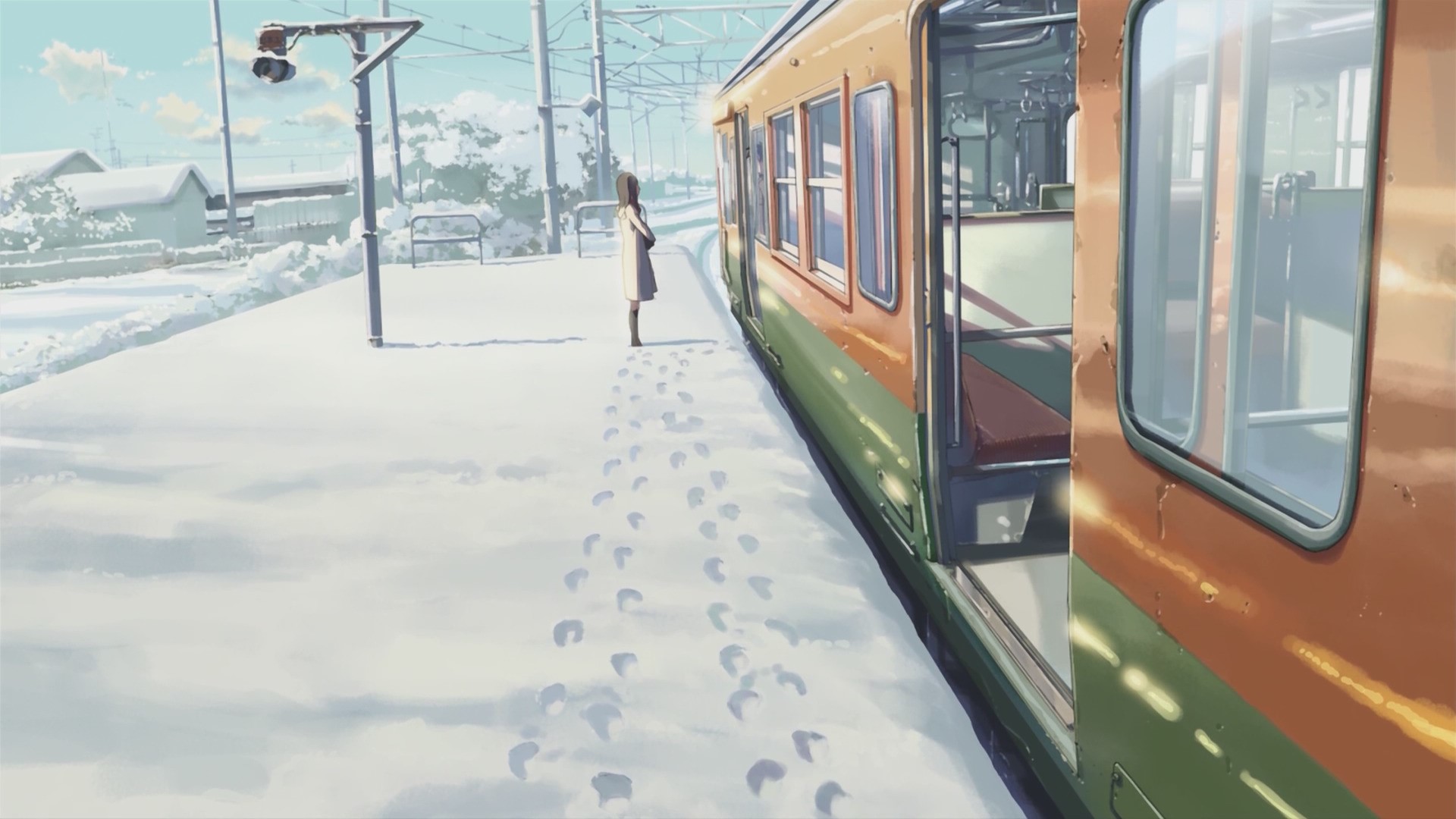 Girl at snowy train station with train, 5 Centimeters Per Second HD Wallpaper