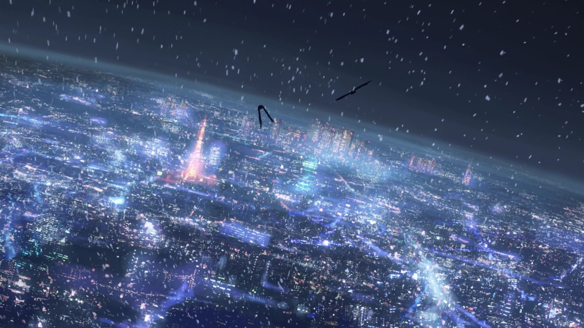 Anime cityscape at night with falling snow HD Wallpaper