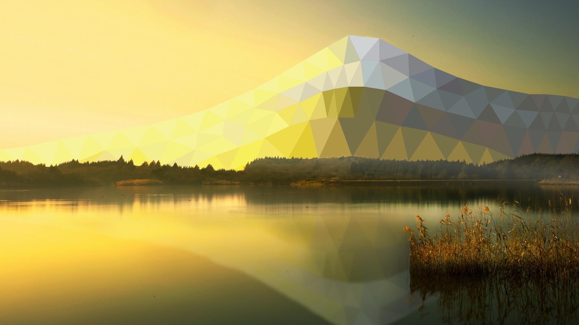 Low poly mountain over lake at sunrise HD Wallpaper