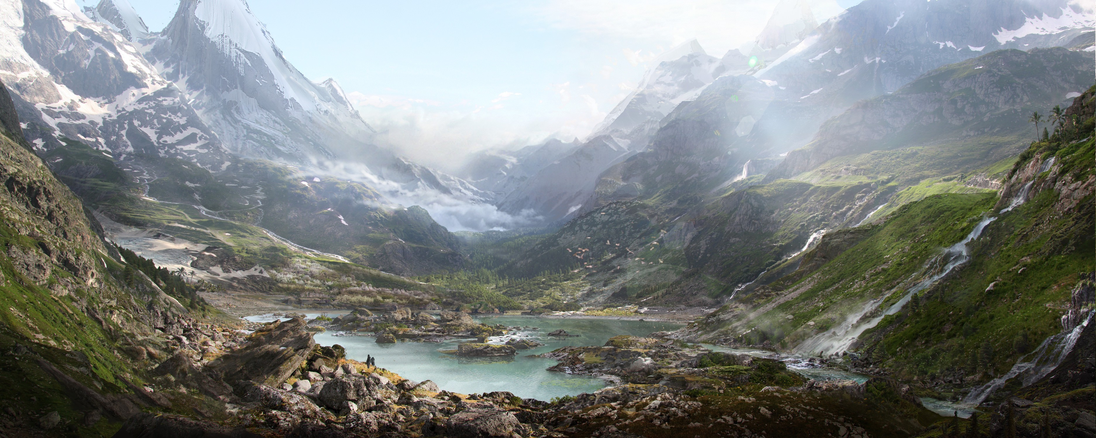 Matte painting of a mountain valley landscape by Thomas Galad HD Wallpaper