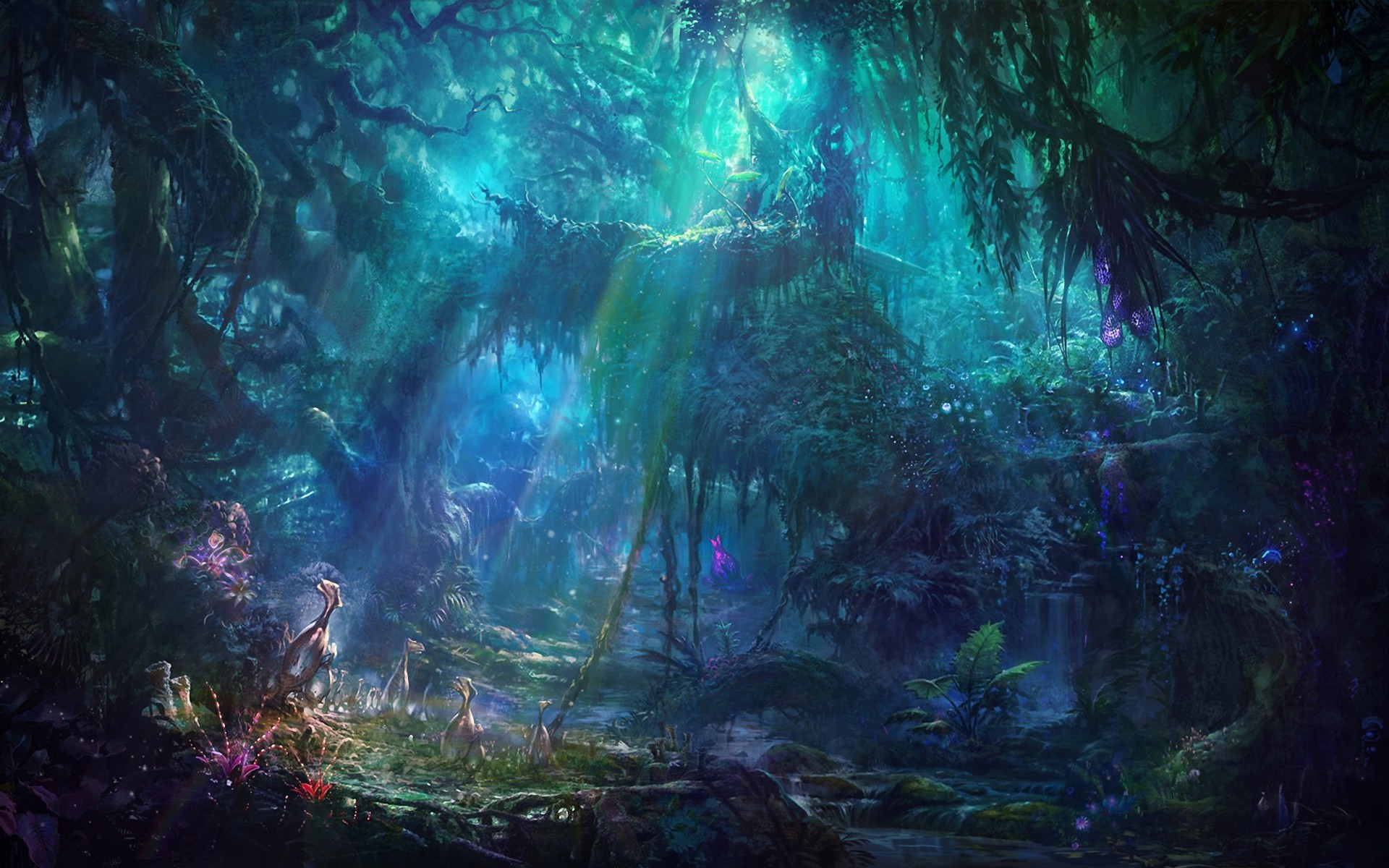 Fantasy forest with sun rays and glowing flora HD Wallpaper