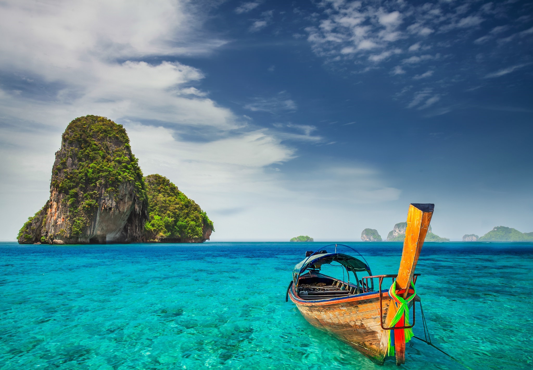Longtail boat in turquoise water near limestone islands HD Wallpaper
