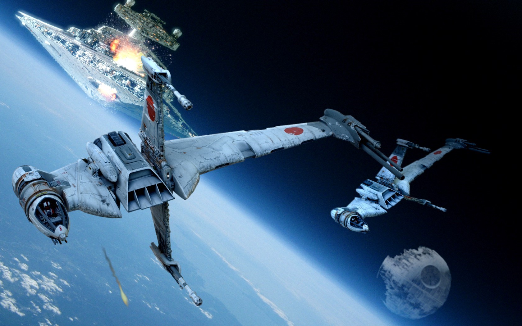 Star Wars B-wing fighters attack a Star Destroyer near the Death Star HD Wallpaper