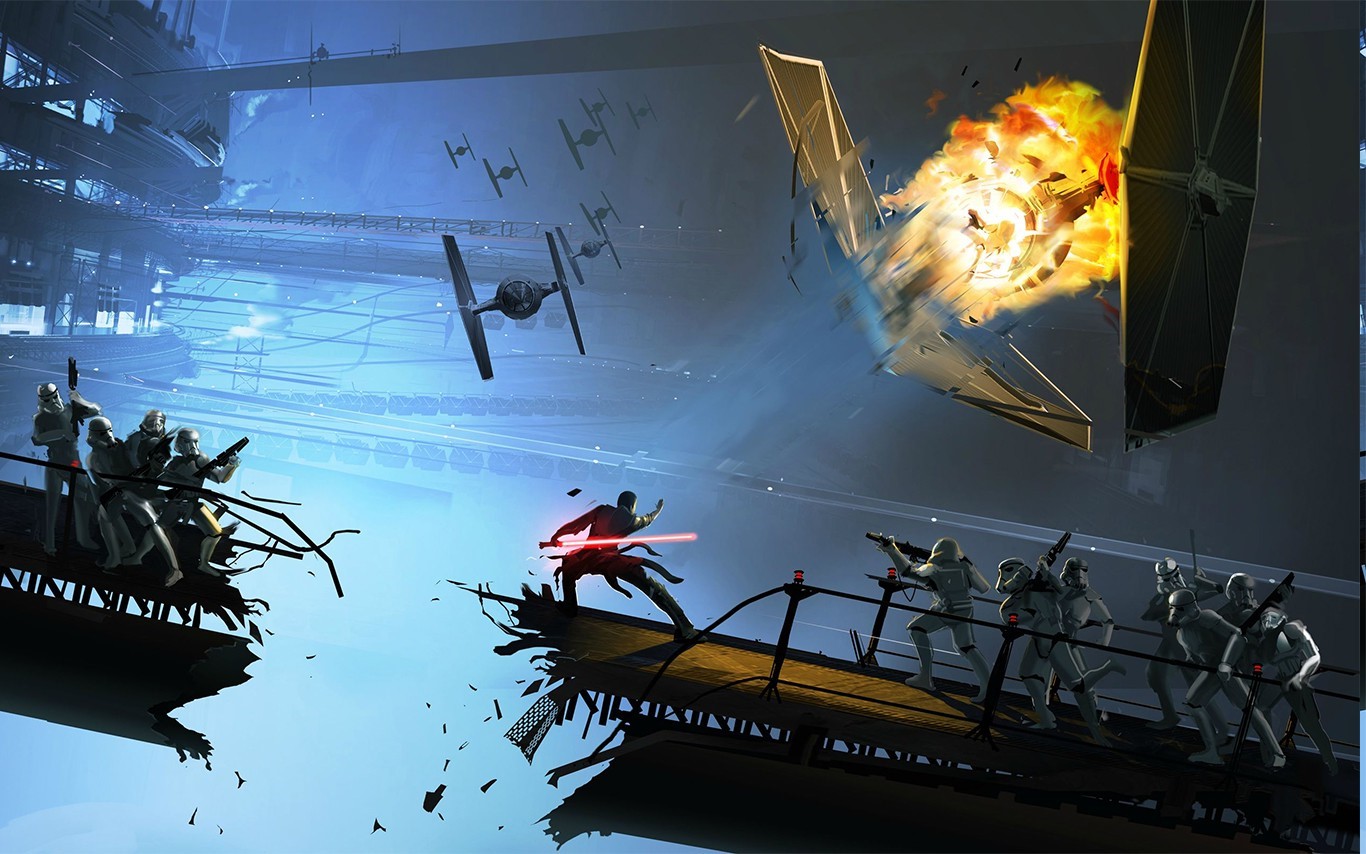Star Wars Jedi fighting Stormtroopers and TIE Fighters HD Wallpaper