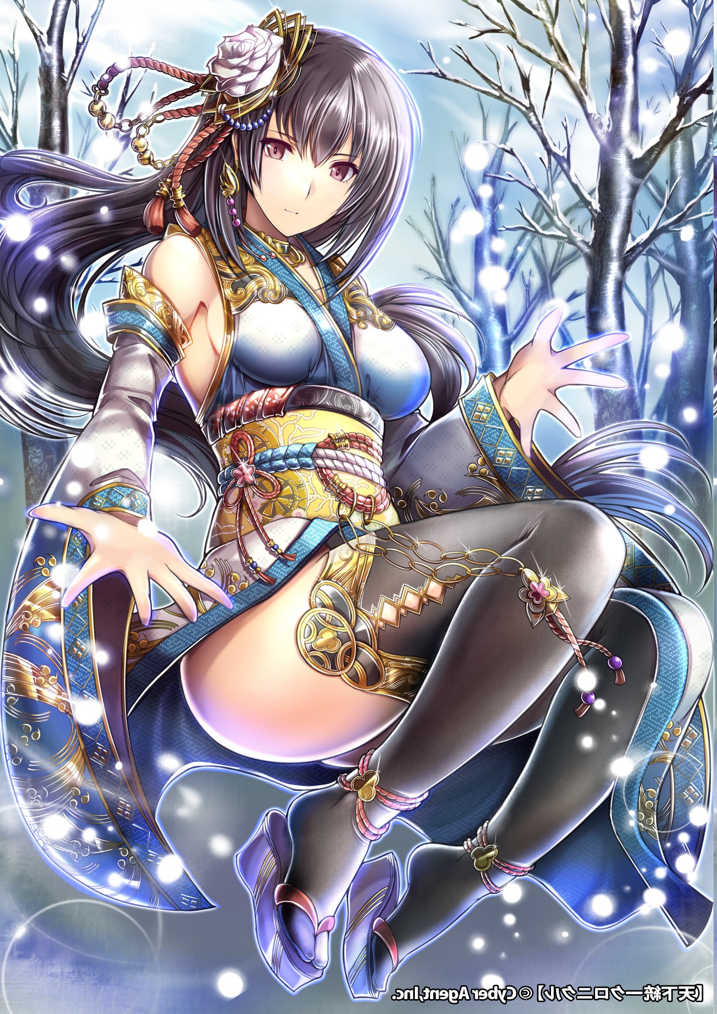 Anime girl in traditional Japanese clothing in a snowy forest HD Wallpaper