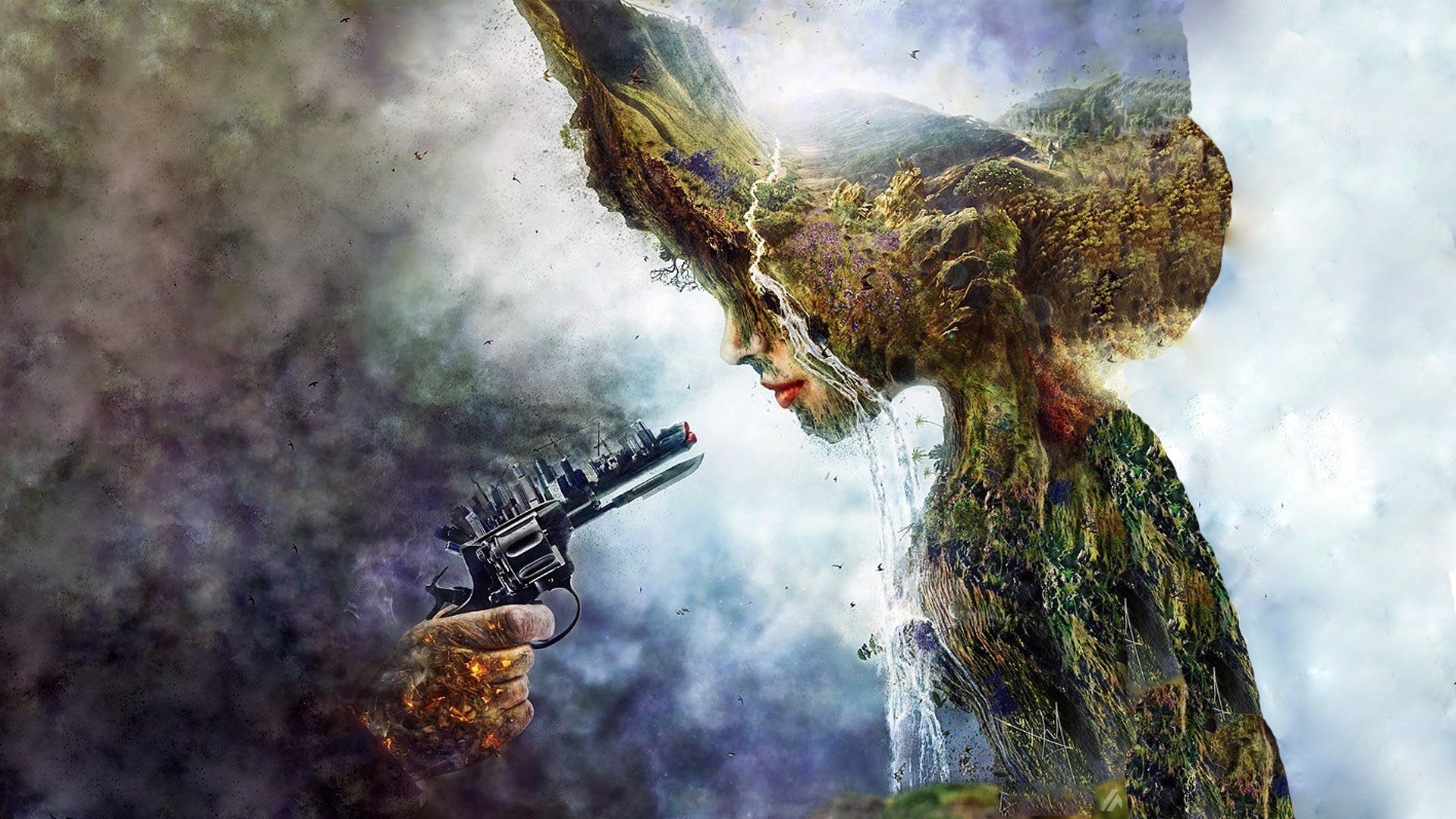 Surreal landscape with a gun and a face HD Wallpaper
