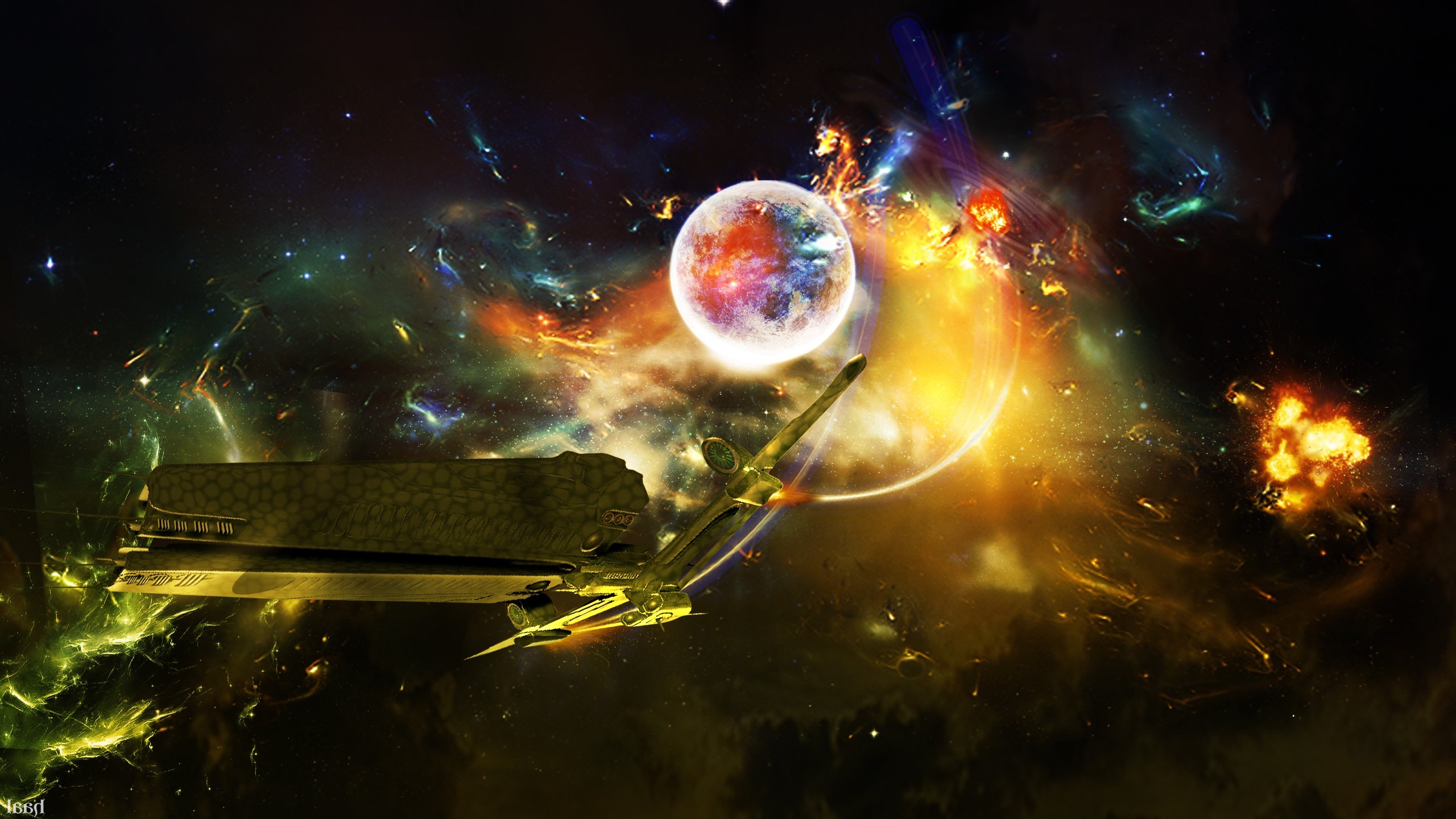 Spaceship near a colorful planet and explosions in space HD Wallpaper