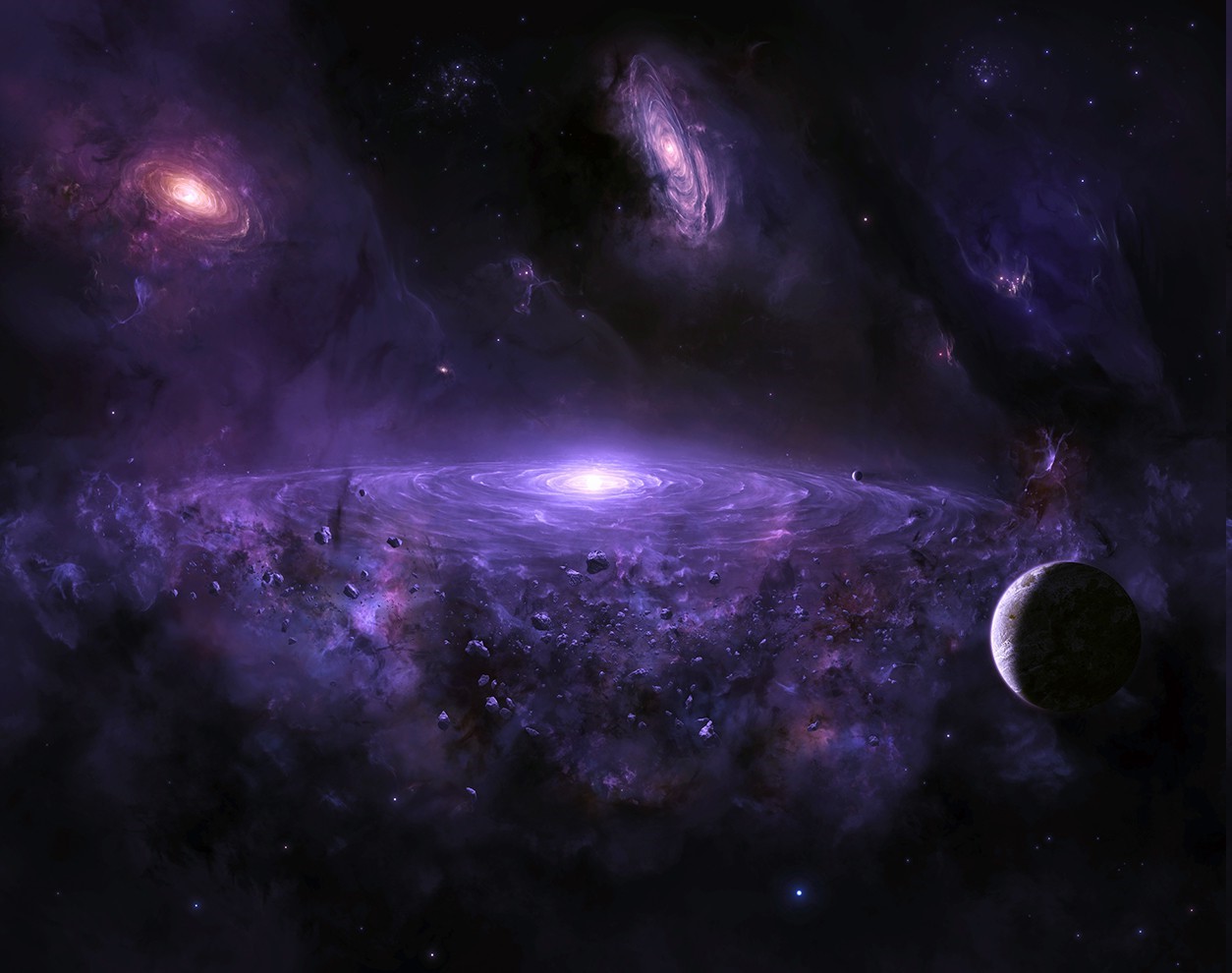 Purple galaxy with planets and asteroids HD Wallpaper