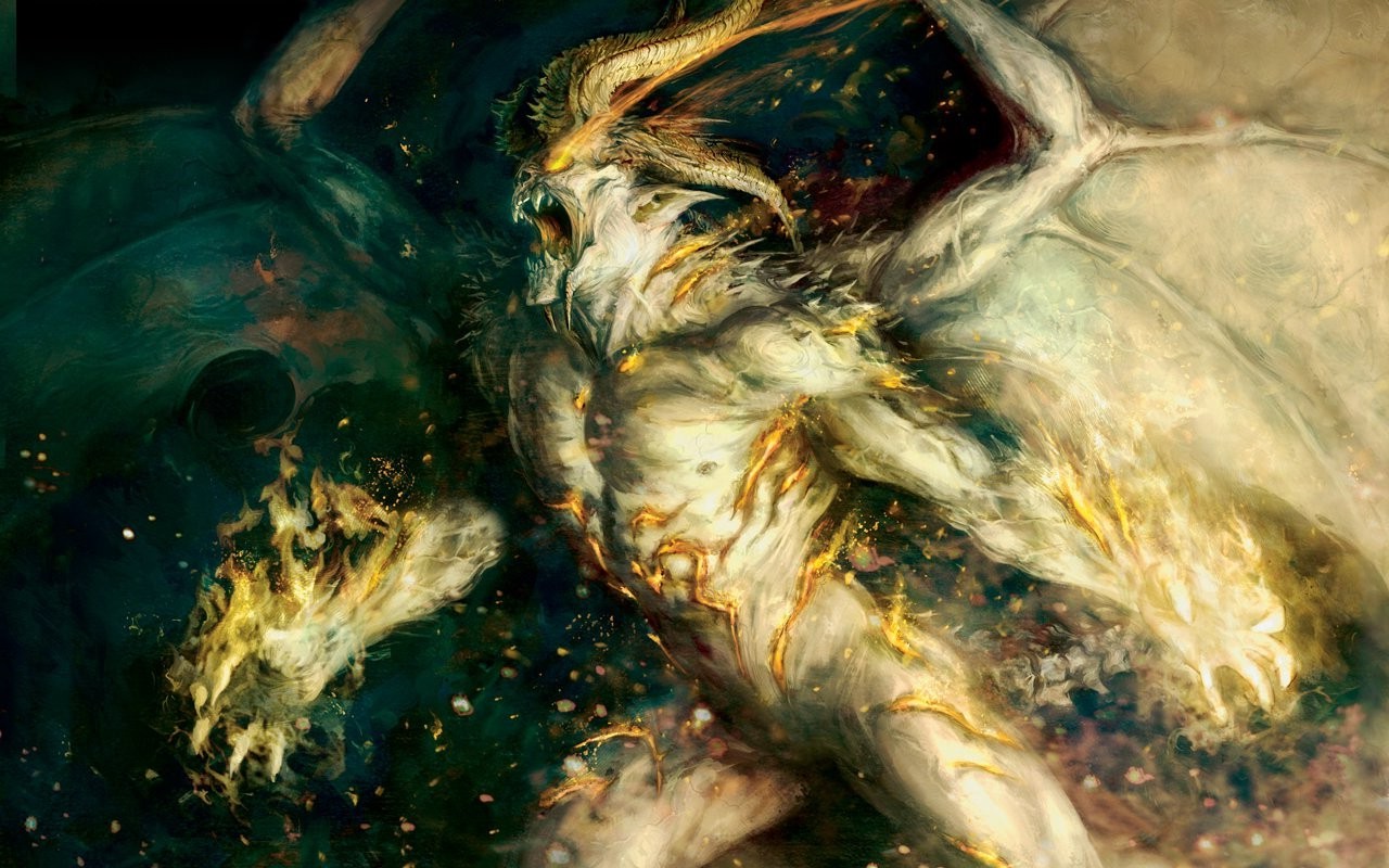 Demon creature with horns and wings in fantasy art HD Wallpaper