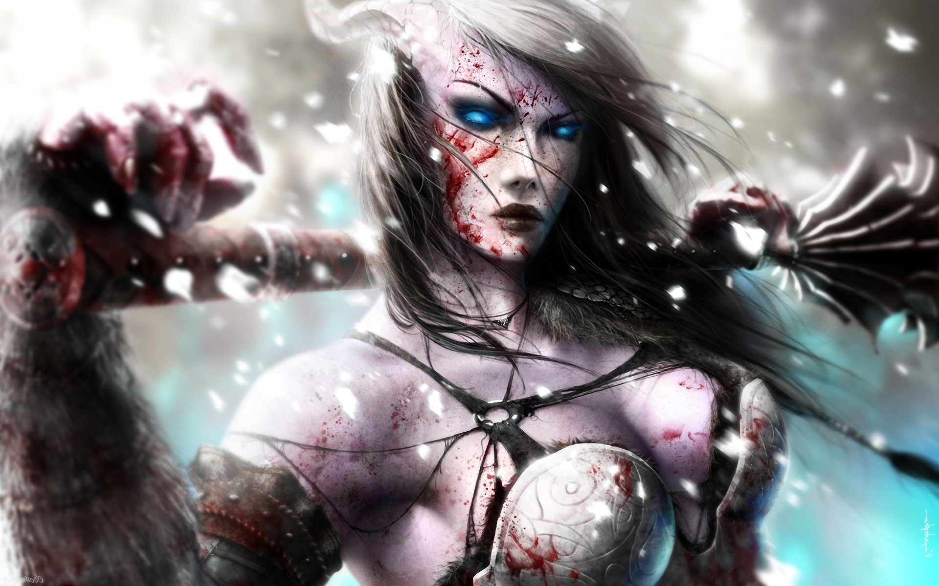Draenei woman with horns and glowing blue eyes HD Wallpaper