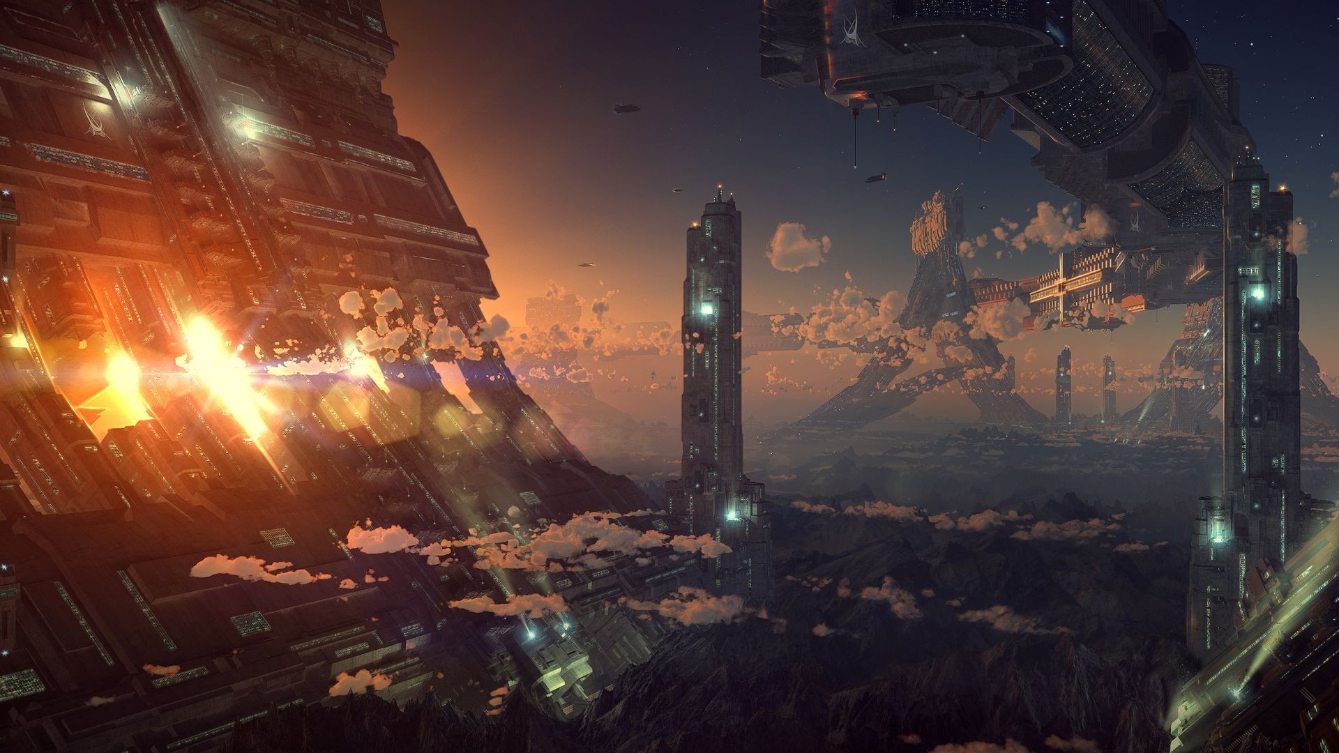 Futuristic city with towering structures and flying vehicles HD Wallpaper