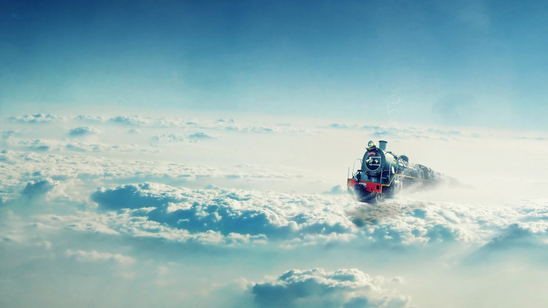 Fantasy train flying through clouds HD Wallpaper