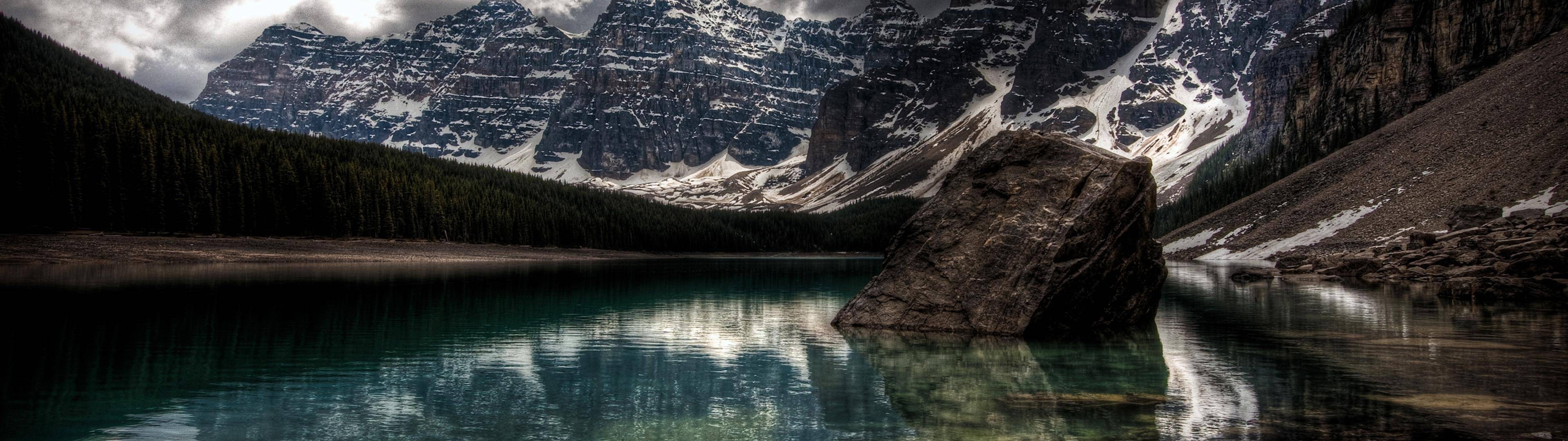 Moraine Lake with Mountains and Rock in Canada HD Wallpaper