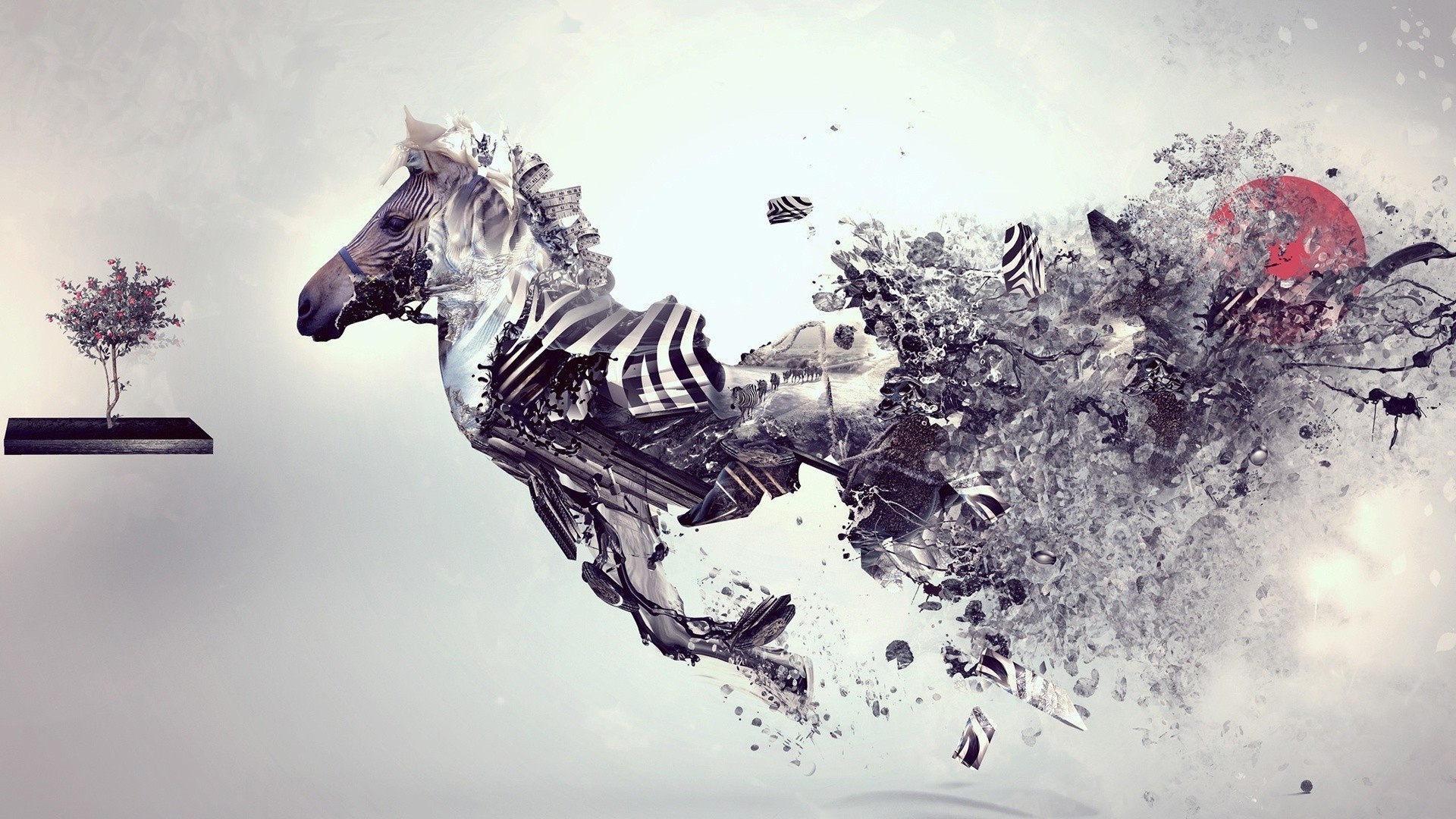 Surreal digital art of a dissolving zebra horse with a tree and sun HD Wallpaper
