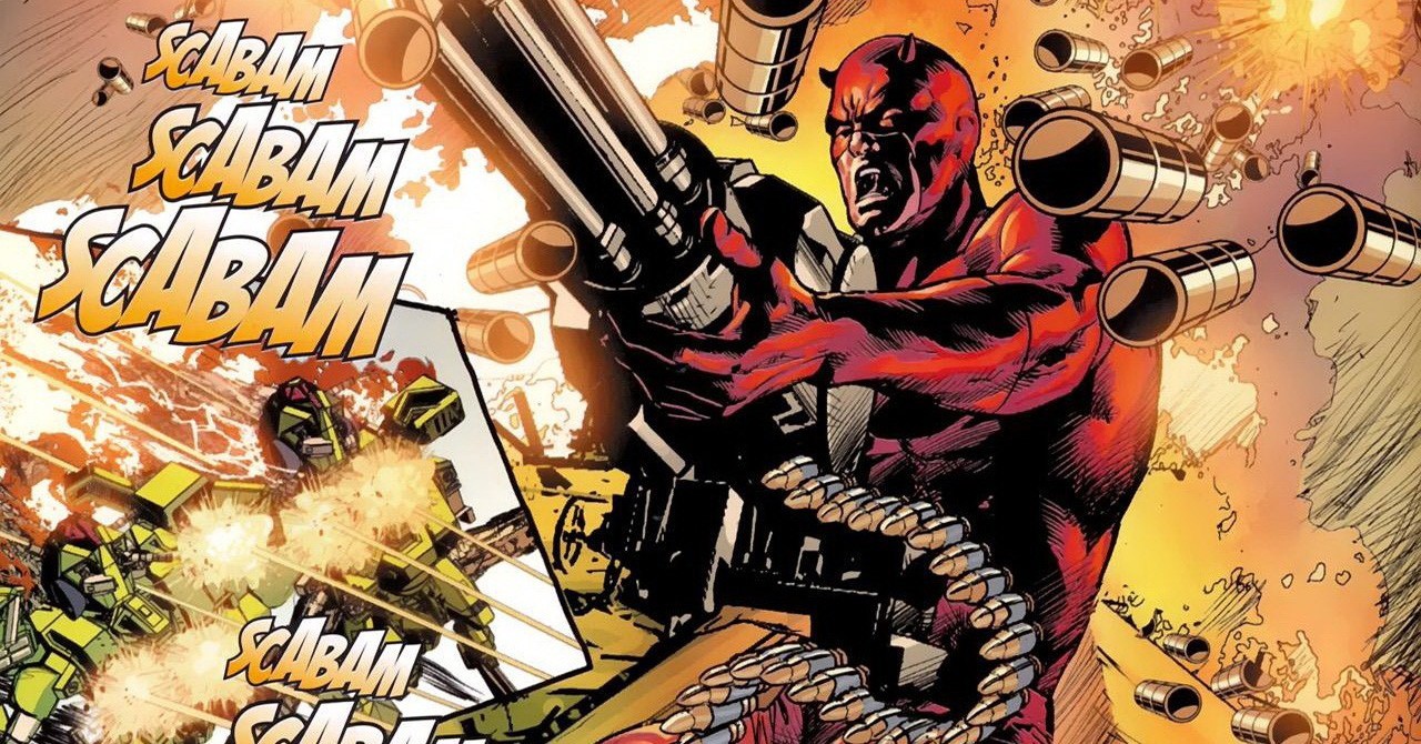 Daredevil from Marvel Comics firing a minigun HD Wallpaper