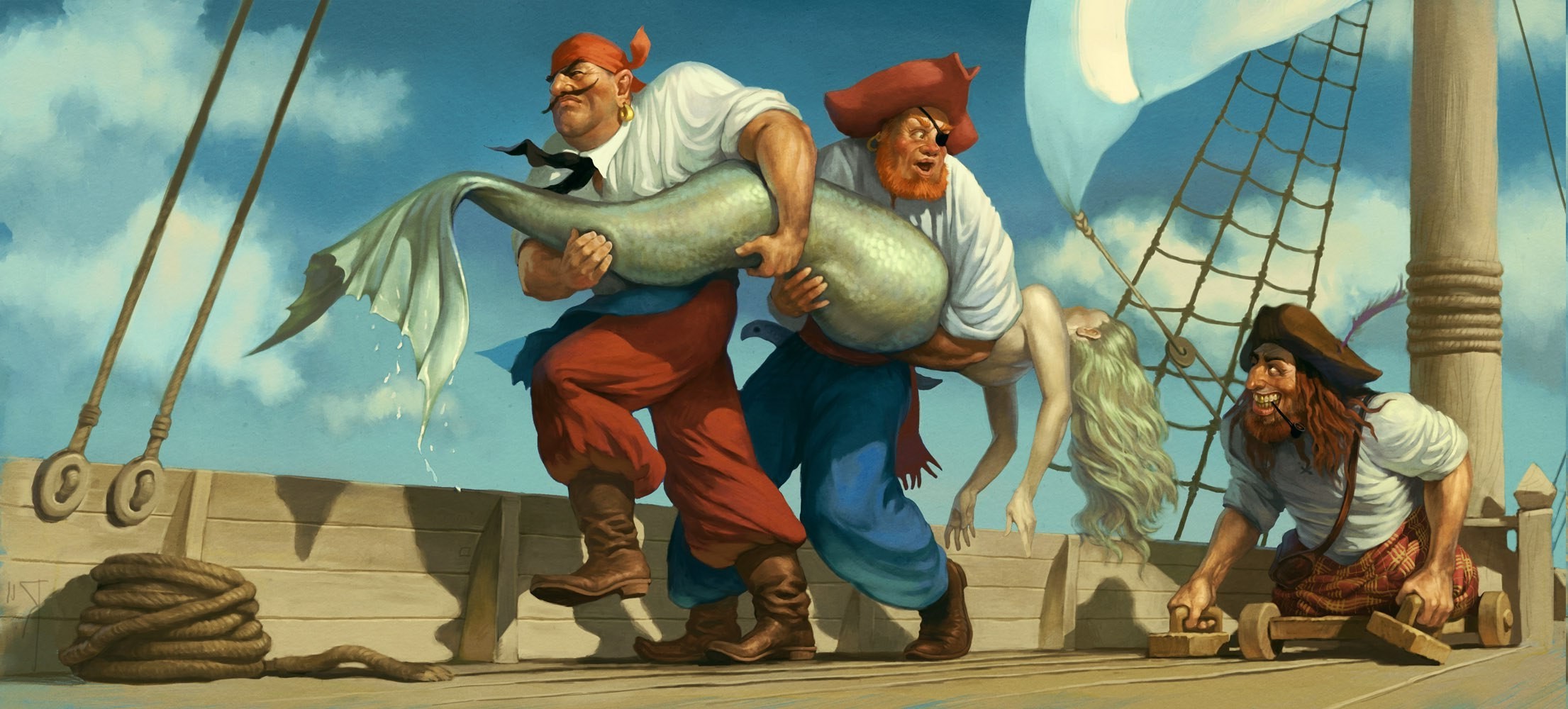 Pirates carrying a mermaid on a ship deck HD Wallpaper