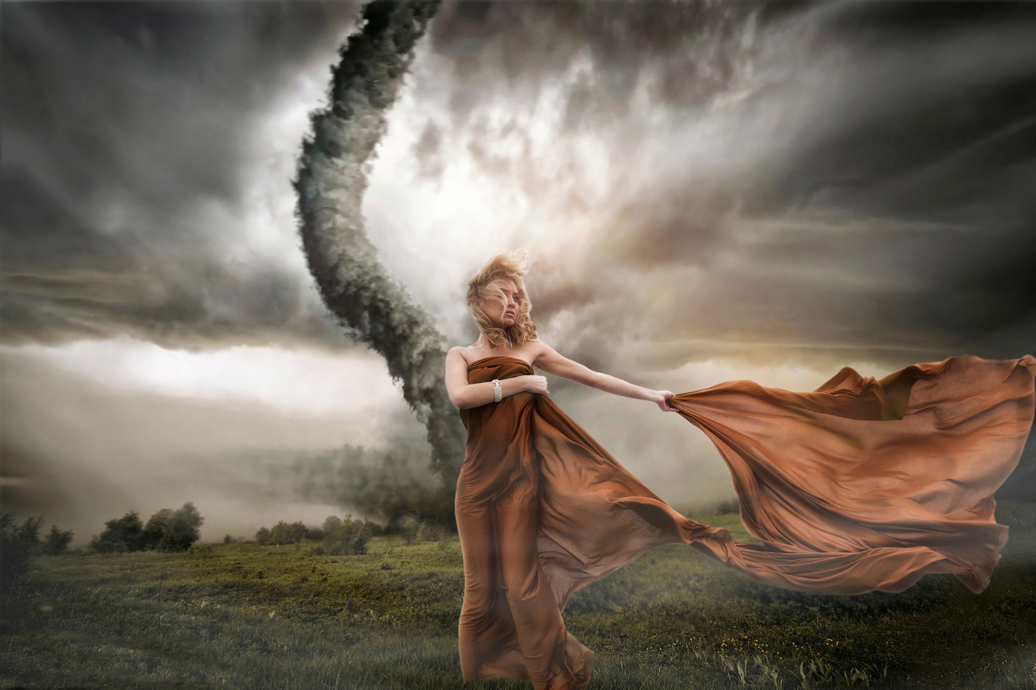 Woman in a tornado with flowing fabric HD Wallpaper