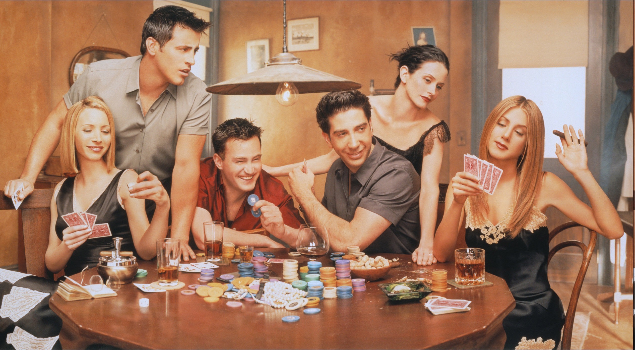 Friends TV Series: Ross, Rachel, Monica, Chandler, Joey, and Phoebe playing cards HD Wallpaper