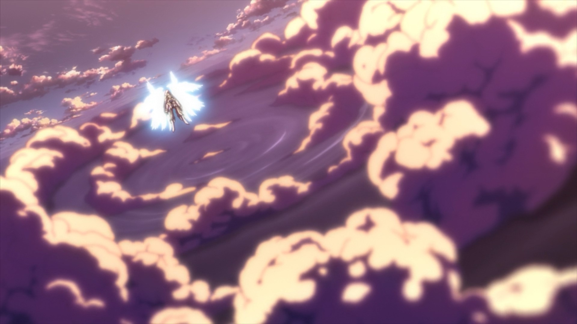 Anime character with wings flying through clouds HD Wallpaper