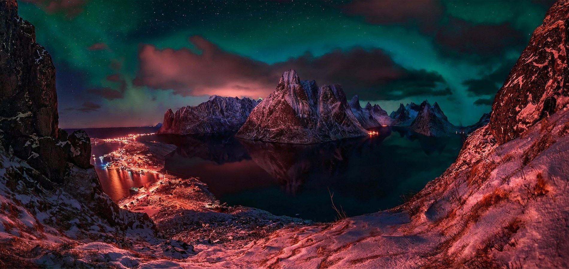 Winter Night Over Lofoten Islands, Norway HD Wallpaper