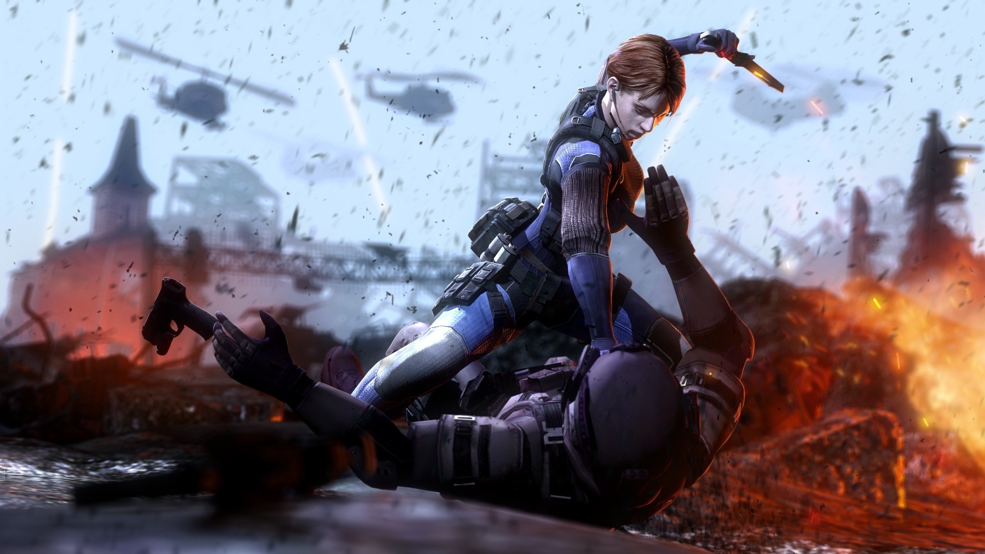 Jill Valentine fighting in a war-torn city HD Wallpaper