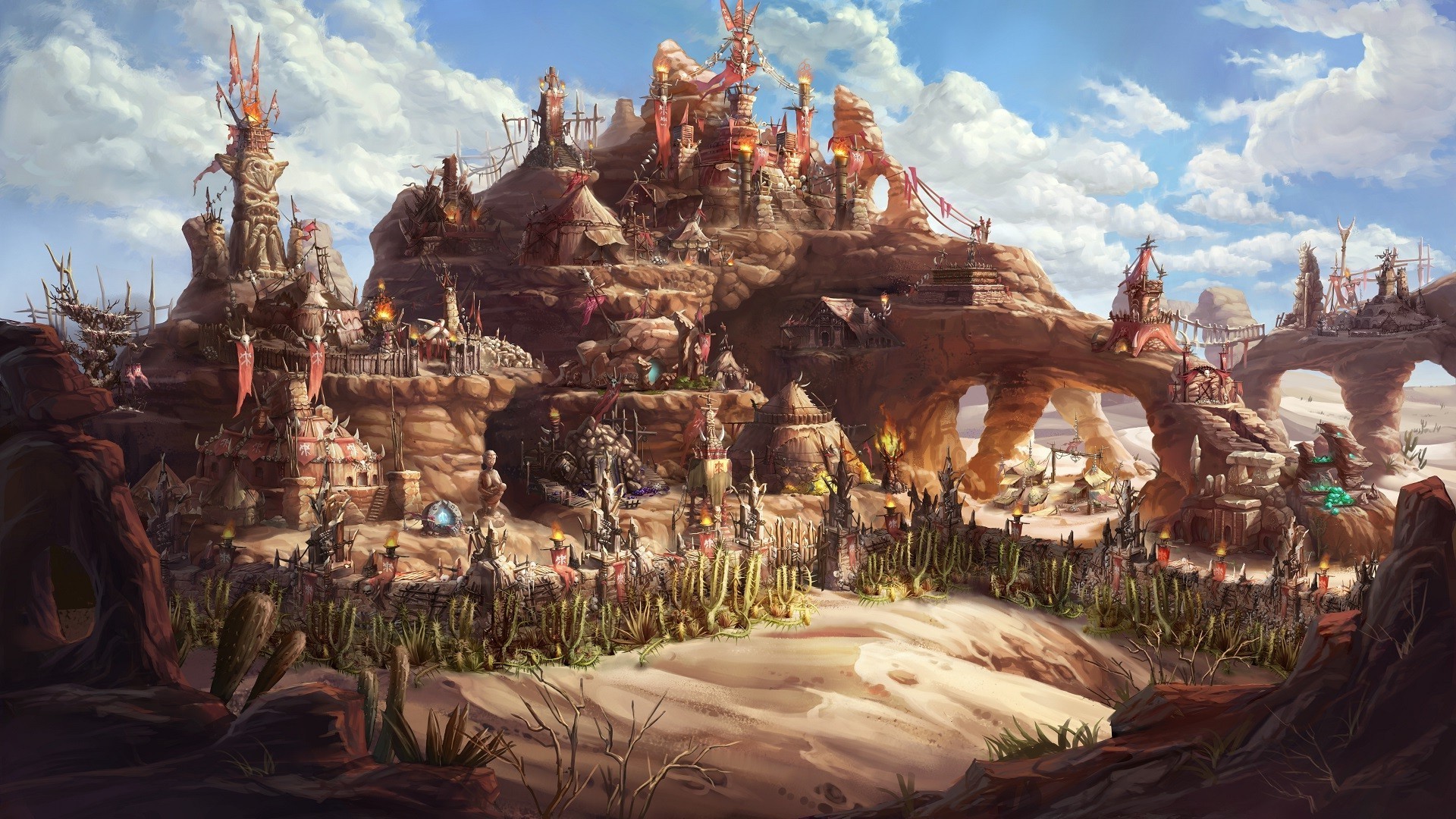 Fantasy desert settlement with tribal structures HD Wallpaper