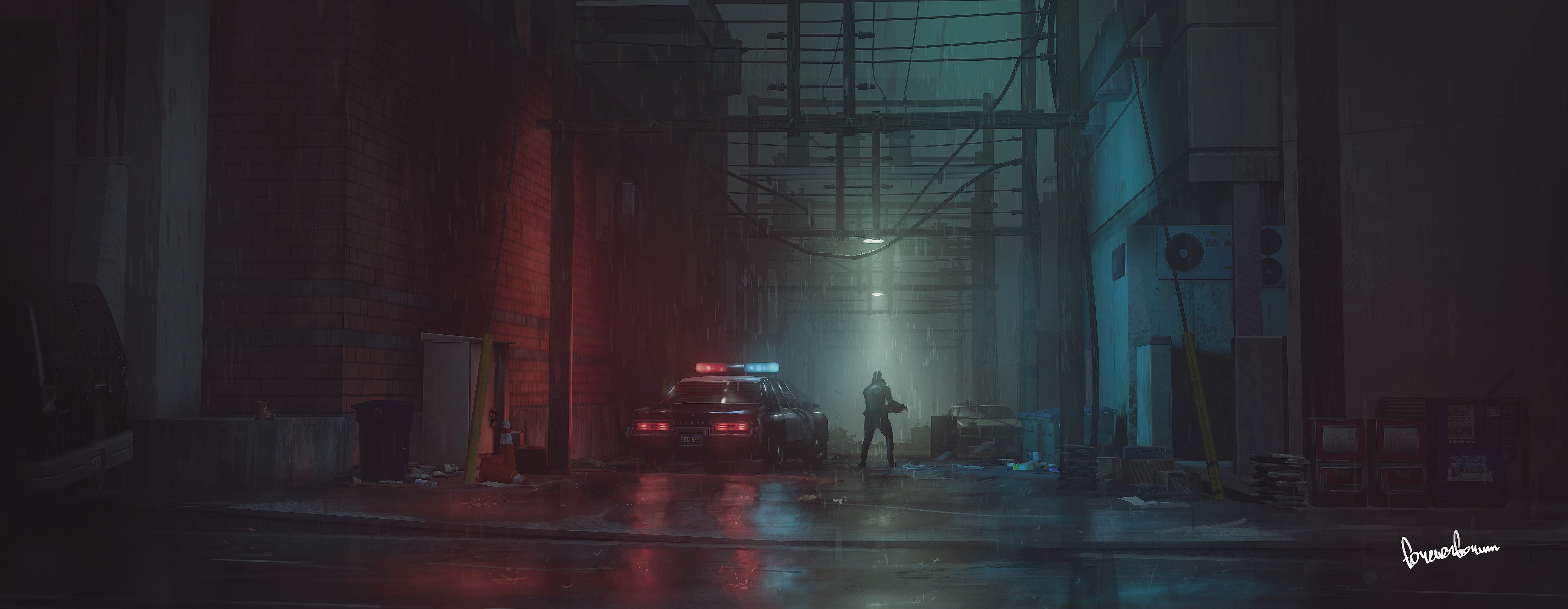 Police officer in a rainy alley with a police car HD Wallpaper