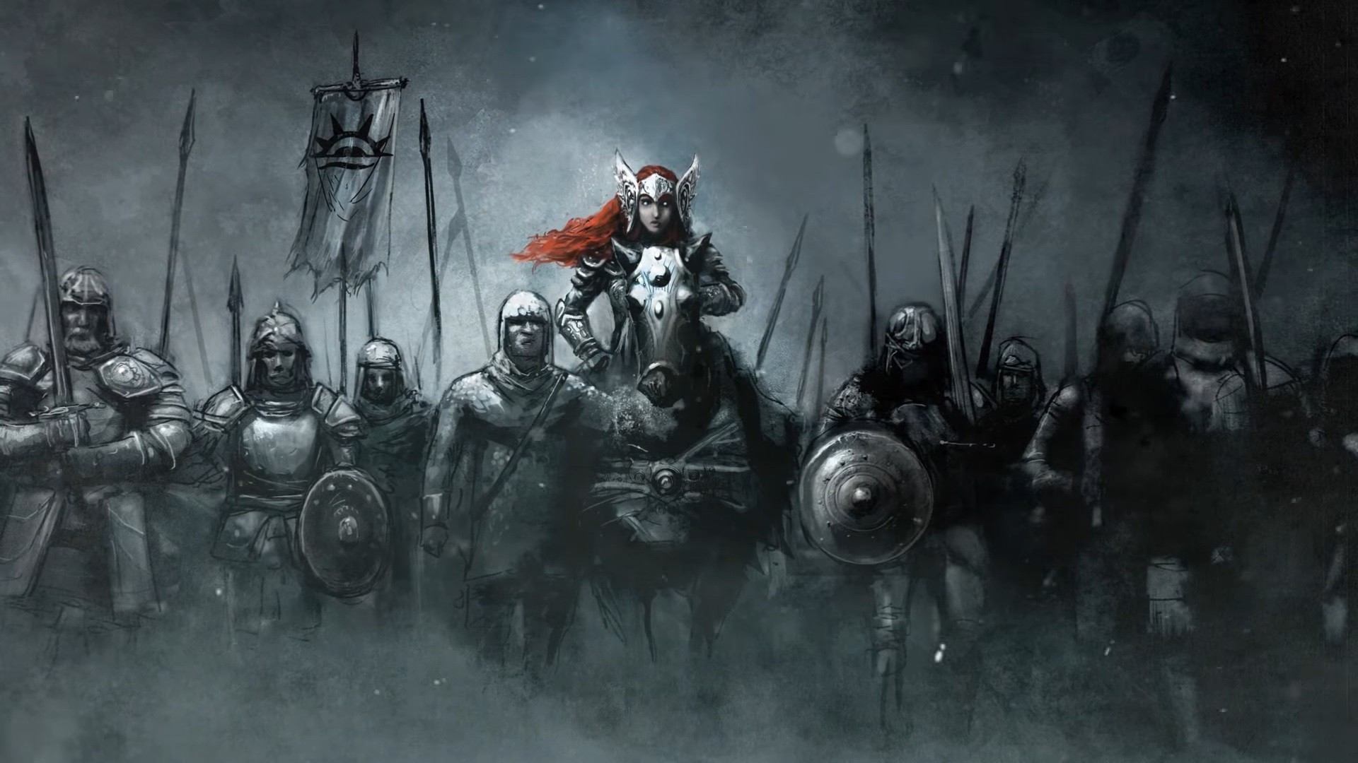 Baldur's Gate concept art of female knight leading soldiers HD Wallpaper