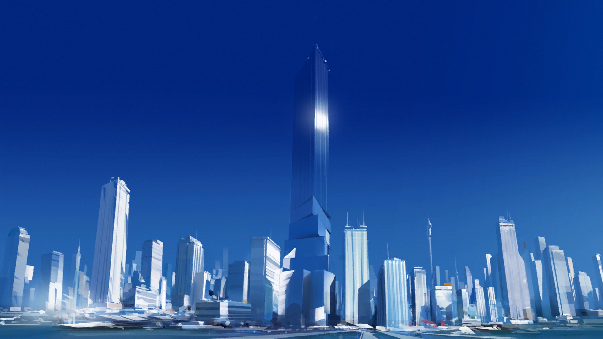 Cityscape with a tall skyscraper under a blue sky HD Wallpaper