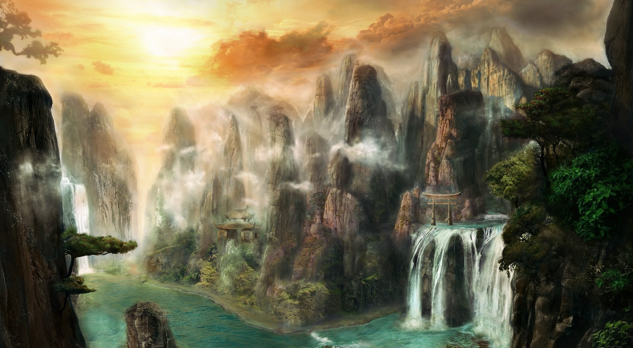 Mystical Asian Mountain Landscape with Waterfalls and Mist HD Wallpaper