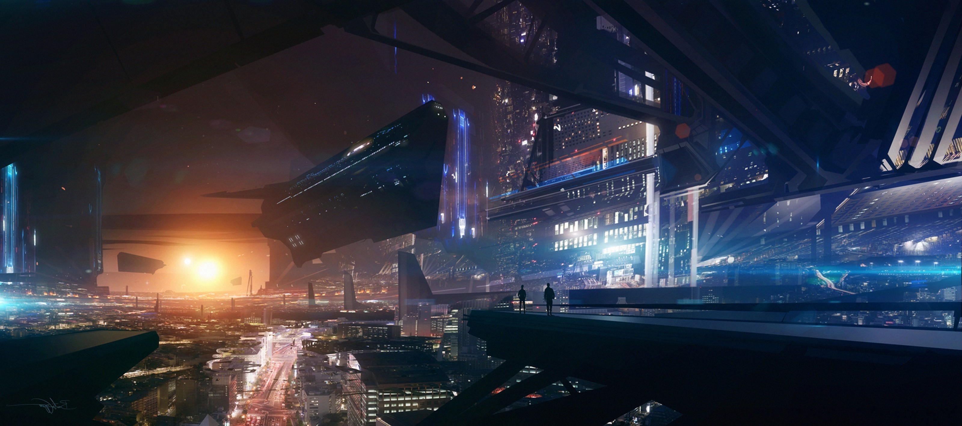 Futuristic city with spaceships at sunset HD Wallpaper