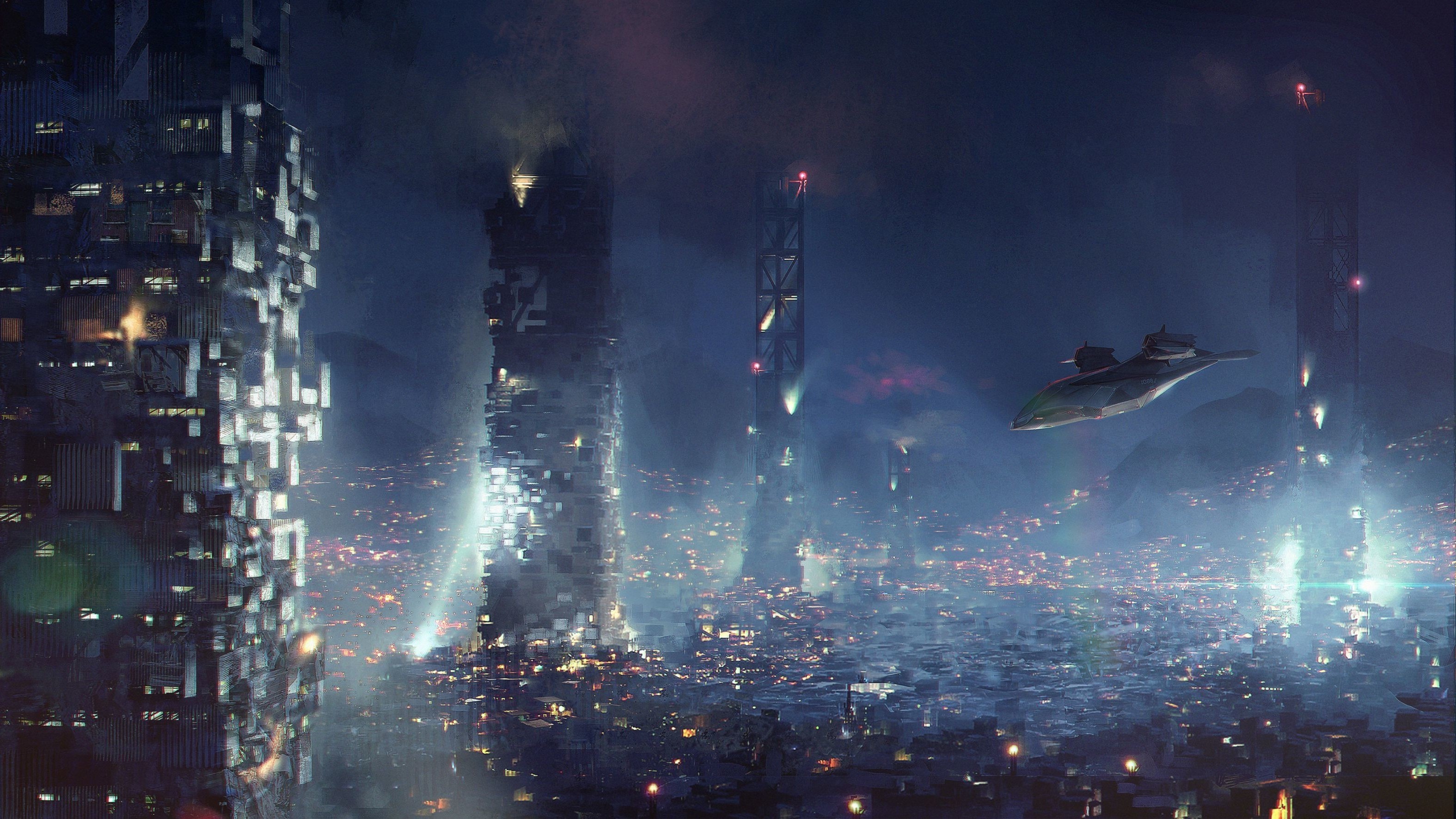 Futuristic Cityscape with Flying Vehicle HD Wallpaper