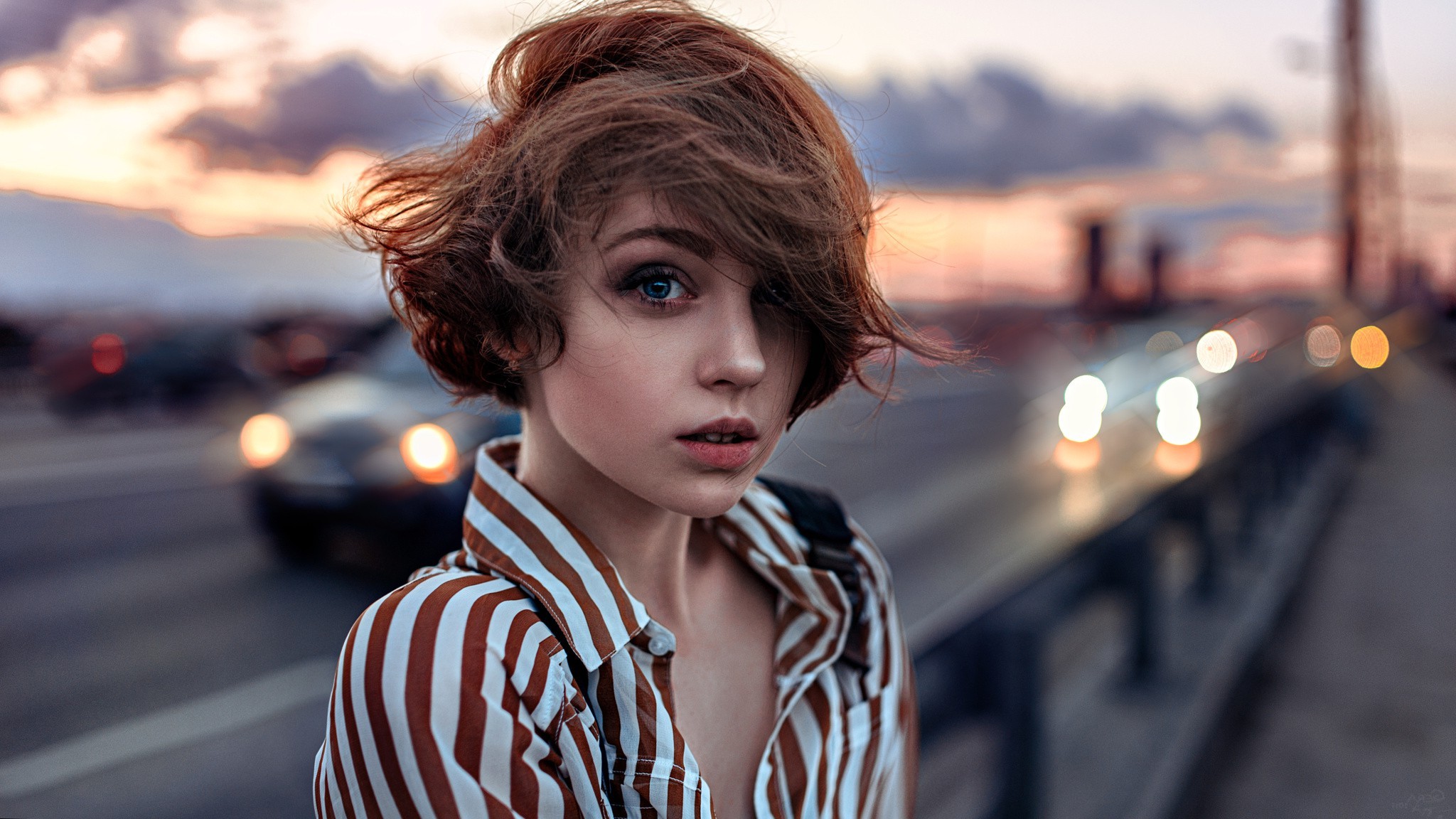 Woman with short hair and blue eyes on a bridge HD Wallpaper