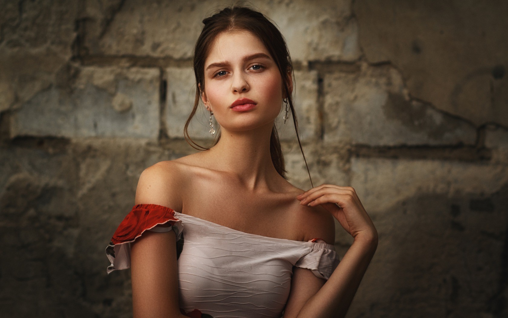 Woman with long brown hair in off-the-shoulder dress HD Wallpaper