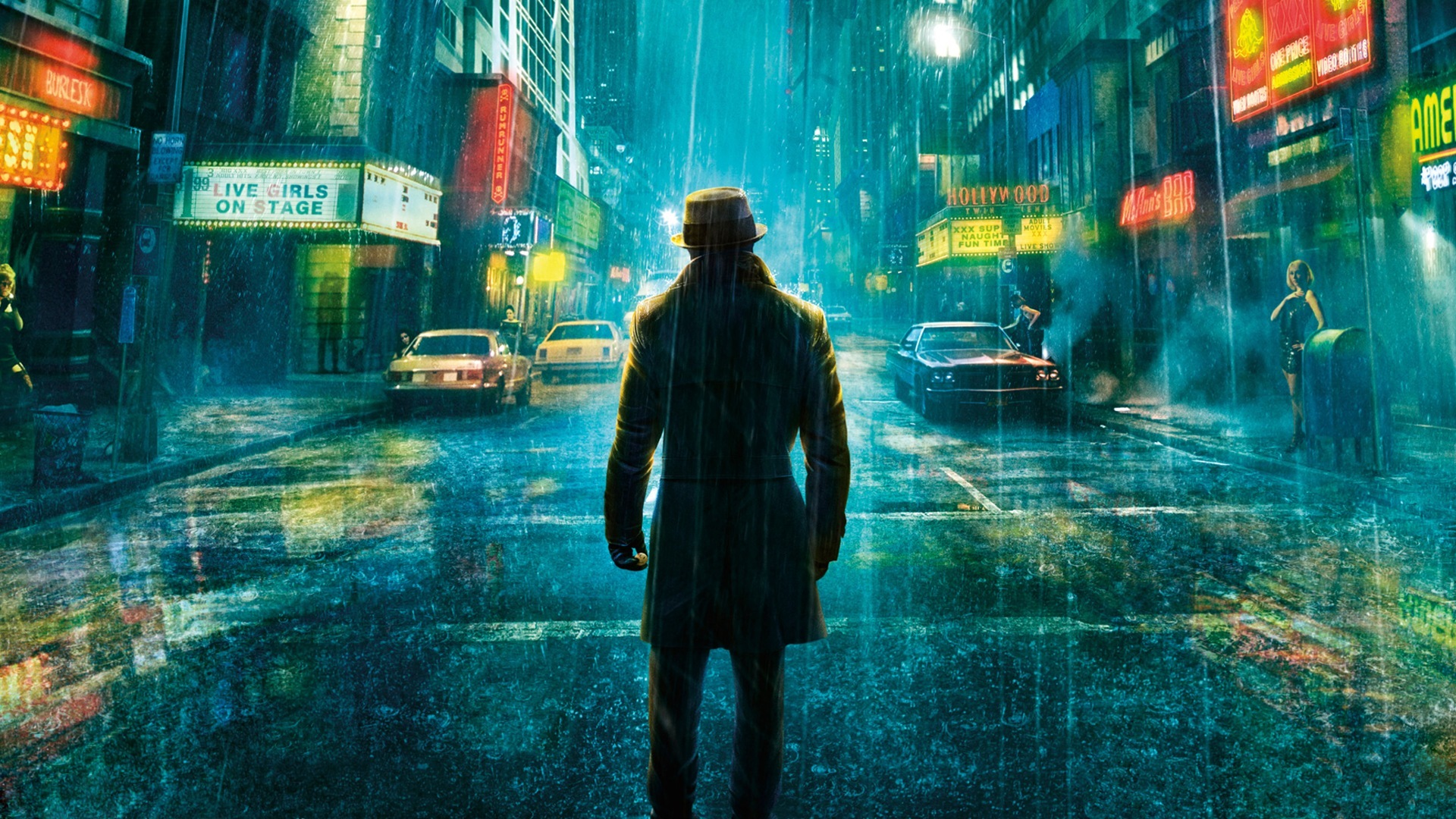 Rorschach from Watchmen in a rainy city street HD Wallpaper