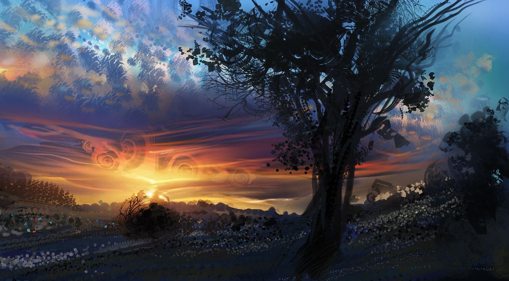 Digital painting of a sunset over a field with trees HD Wallpaper