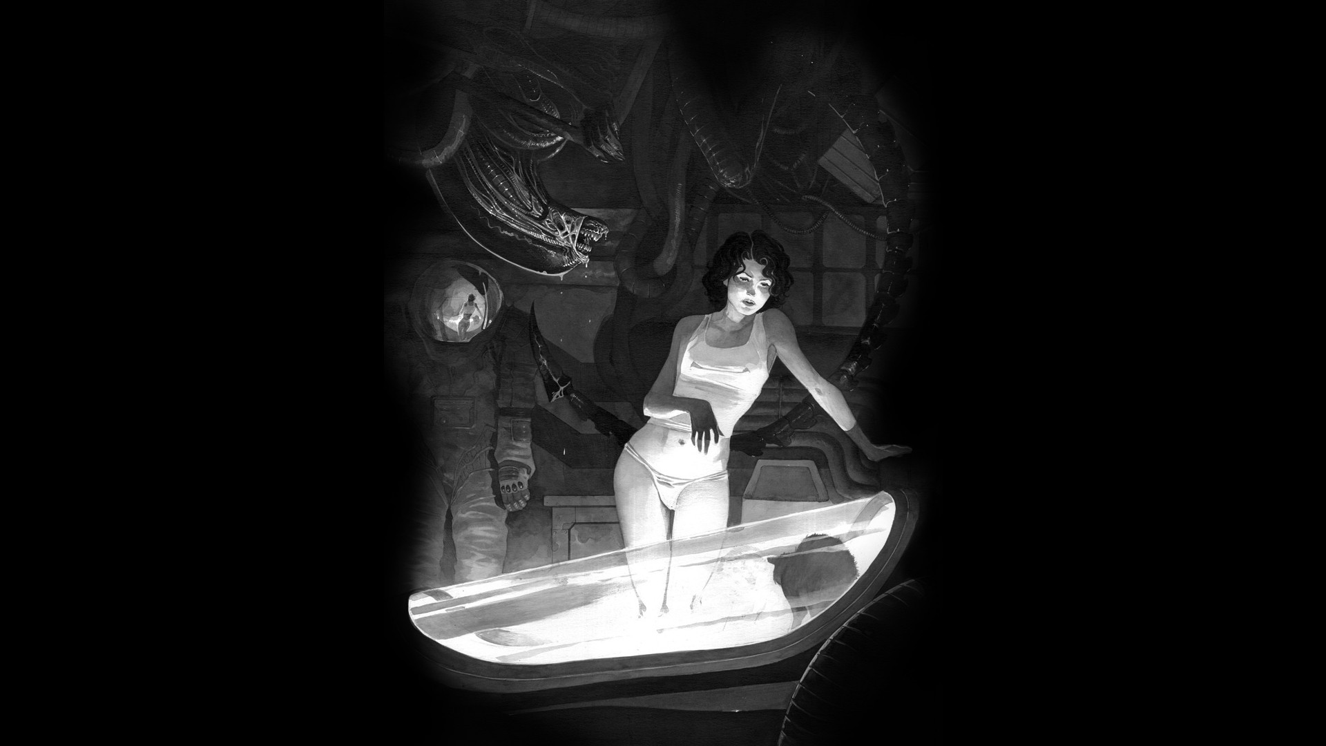 Woman in lingerie and astronaut near Xenomorph from Alien HD Wallpaper