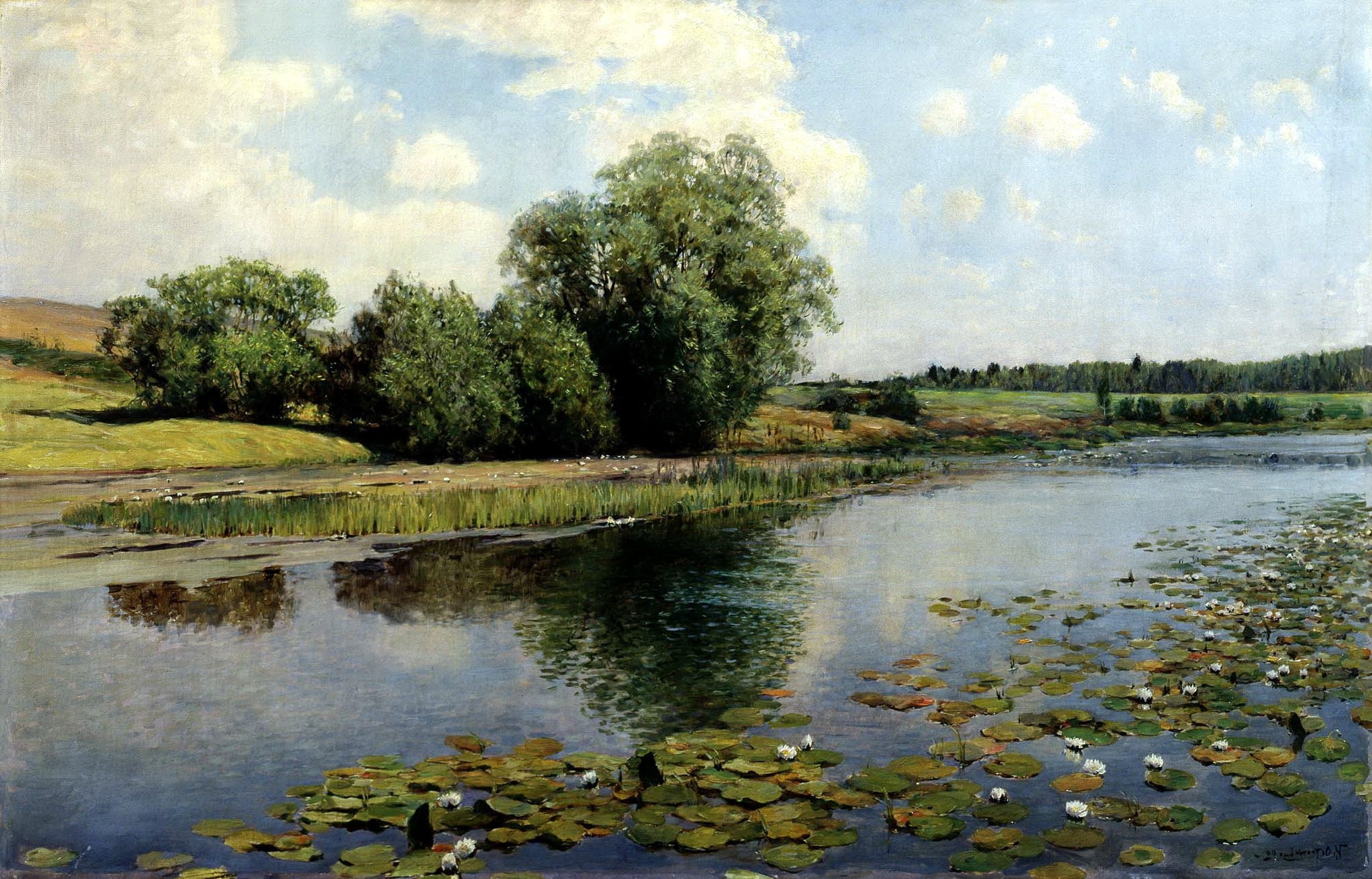 Painting of a river with lily pads and trees HD Wallpaper