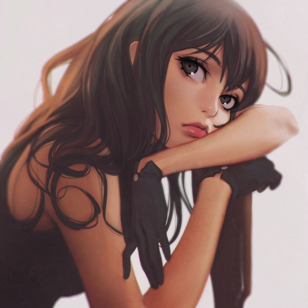 Anime girl with dark hair and black gloves HD Wallpaper