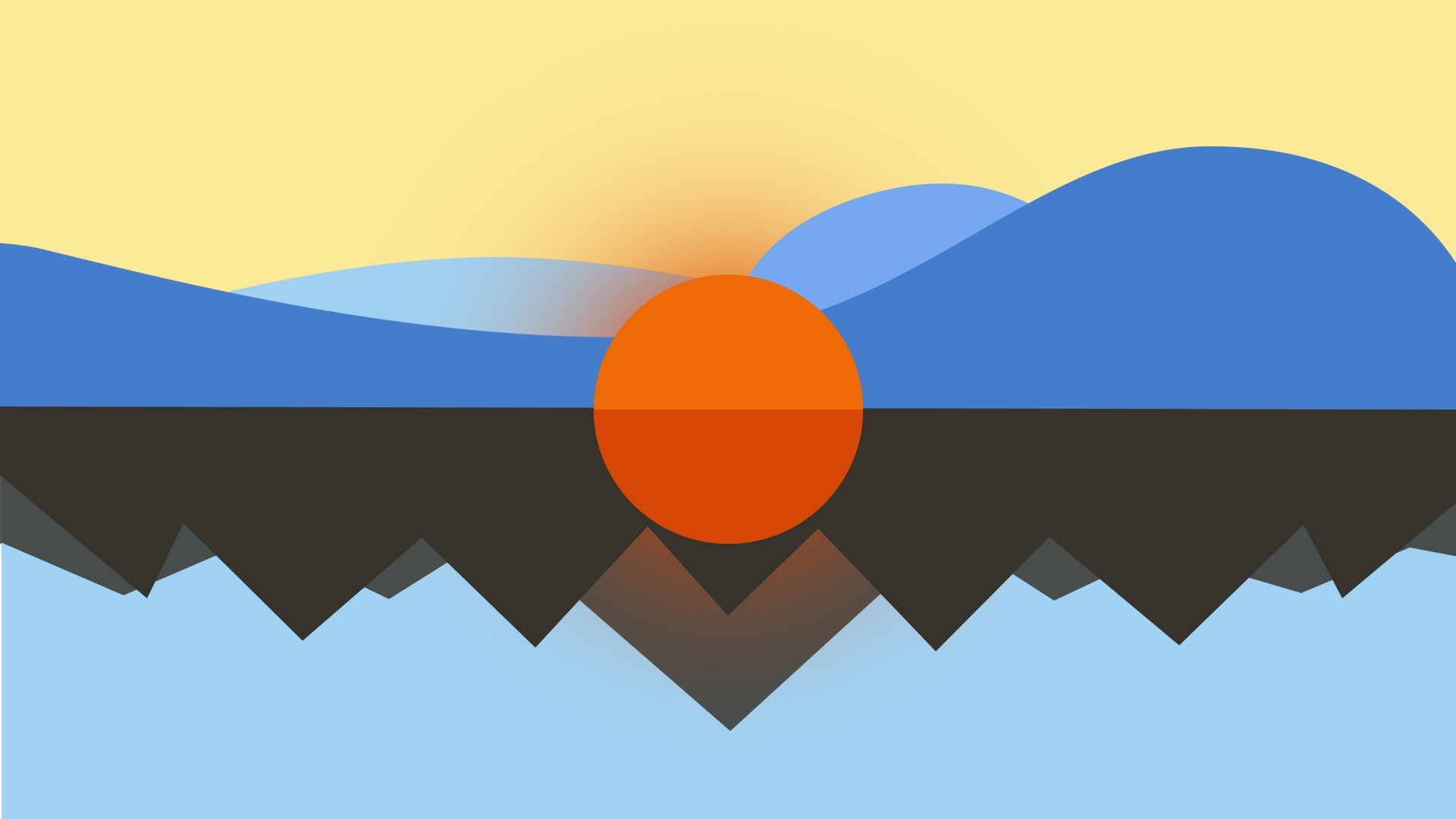Minimalist digital art of a sun over mountains and water HD Wallpaper
