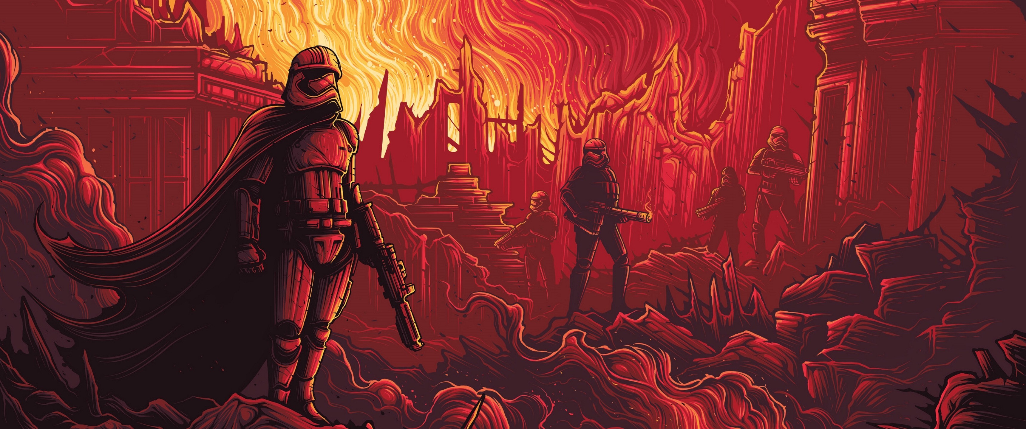 Stormtroopers in a burning Star Wars landscape HD Wallpaper