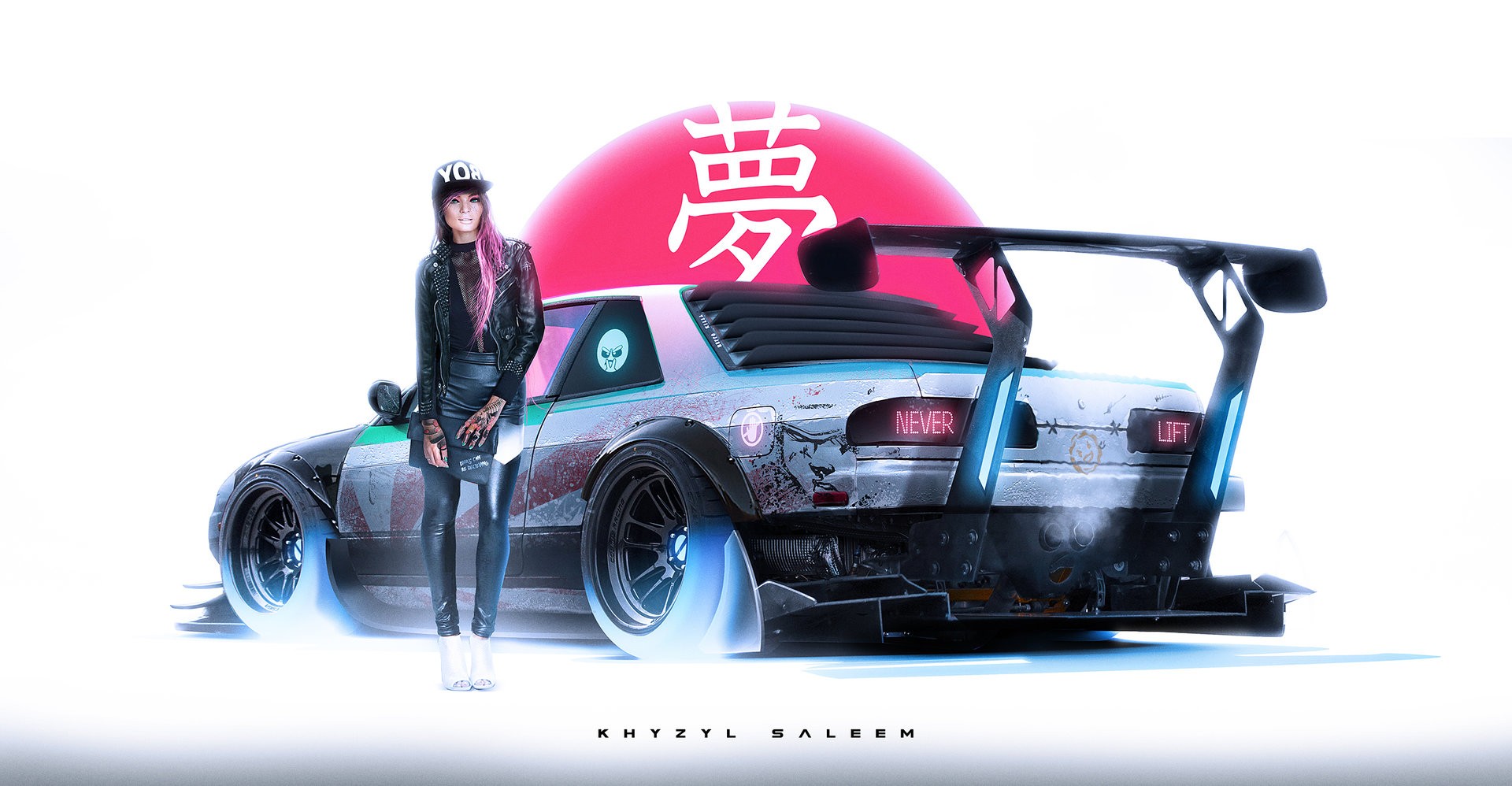 Woman with pink hair and modified car with Japanese text HD Wallpaper