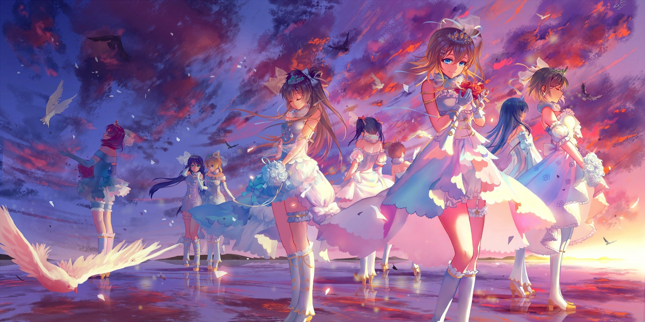 Anime girls in white dresses with doves at sunset HD Wallpaper